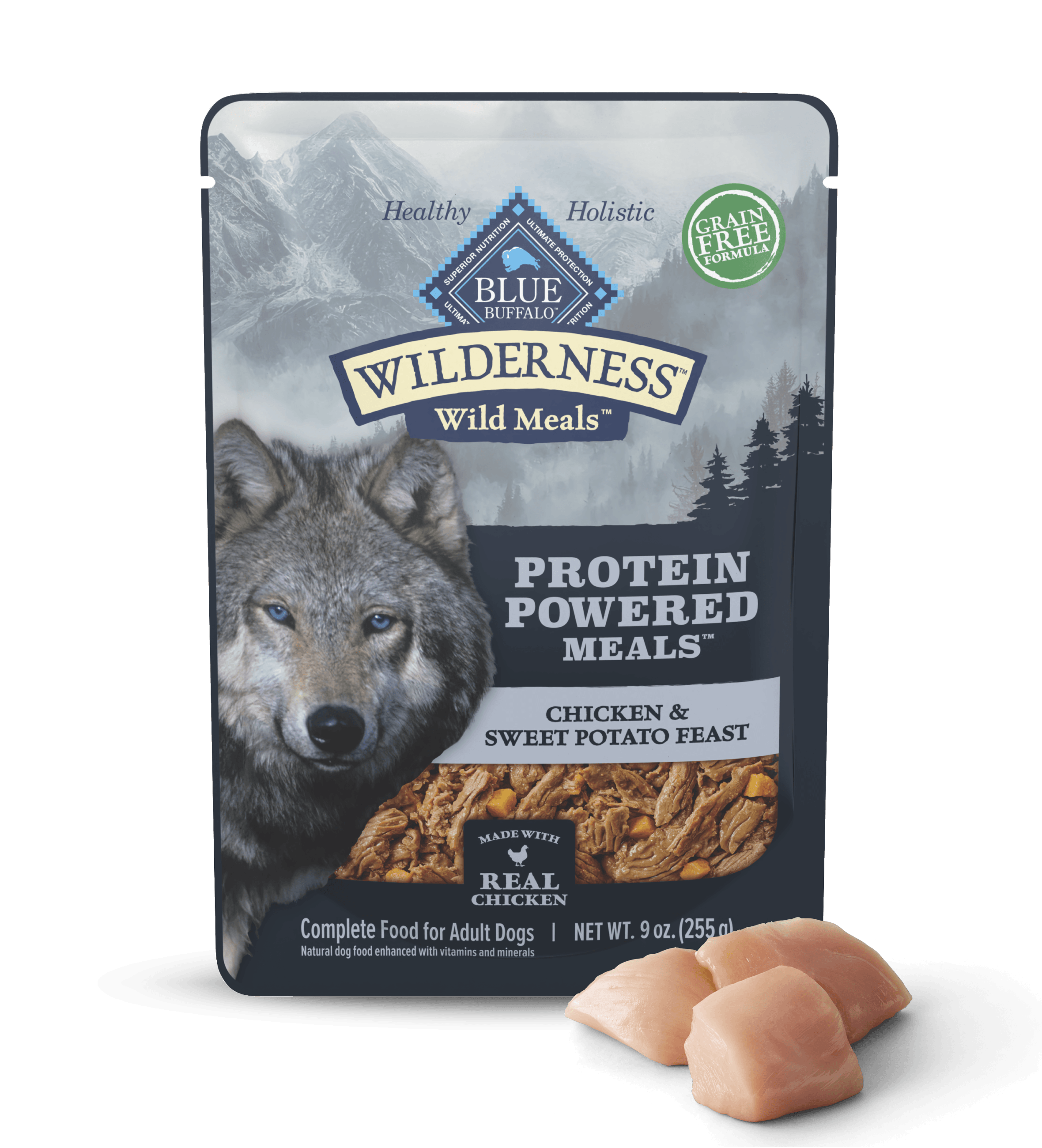 A pouch of BLUE Wilderness Wild Meals and a few cuts of raw chicken.