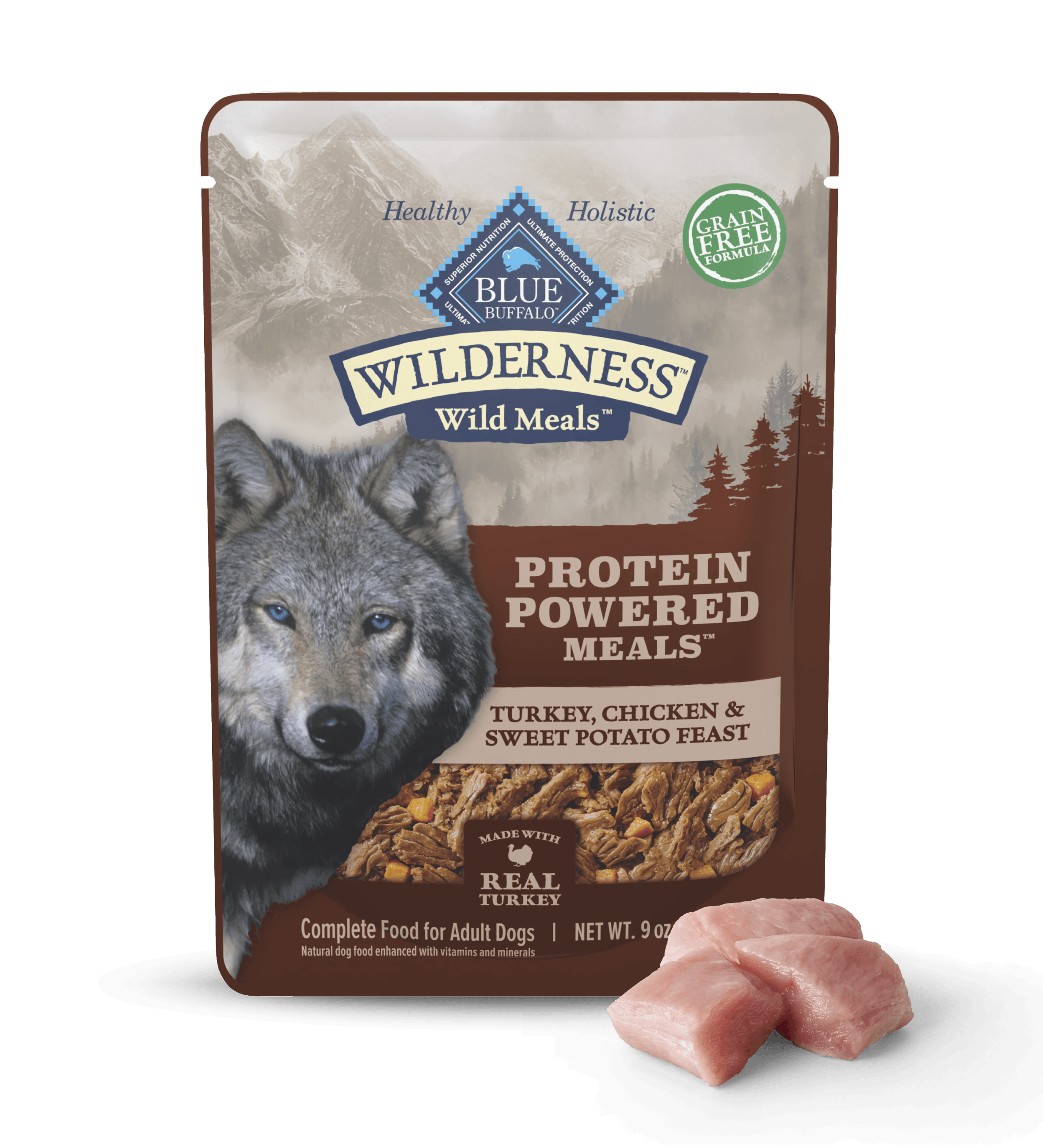 A pouch of BLUE Wilderness Wild Meals and a few cuts of raw turkey.