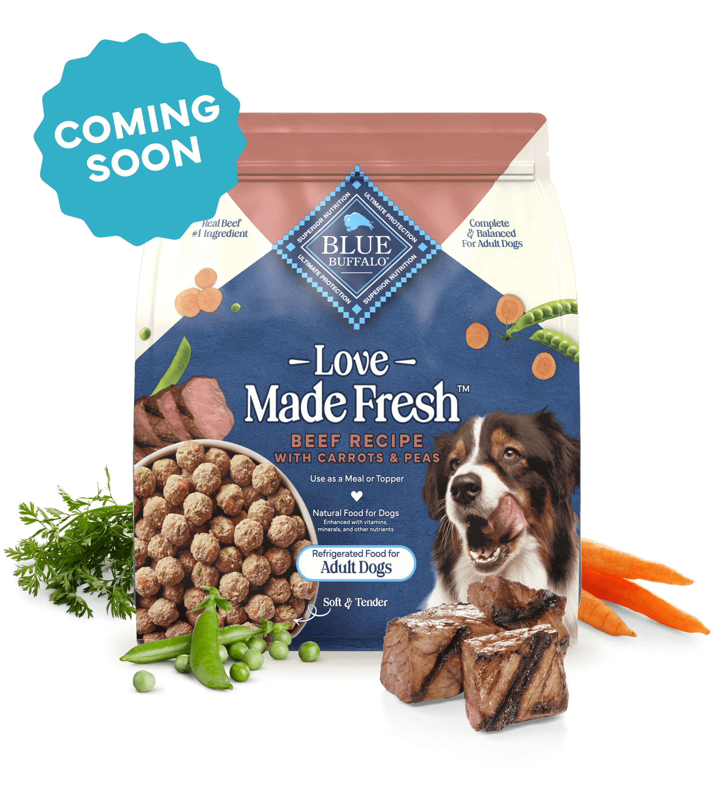 A BLUE recipe is shown next to tasty, real vegetables and tender cuts of meat on a kitchen counter.