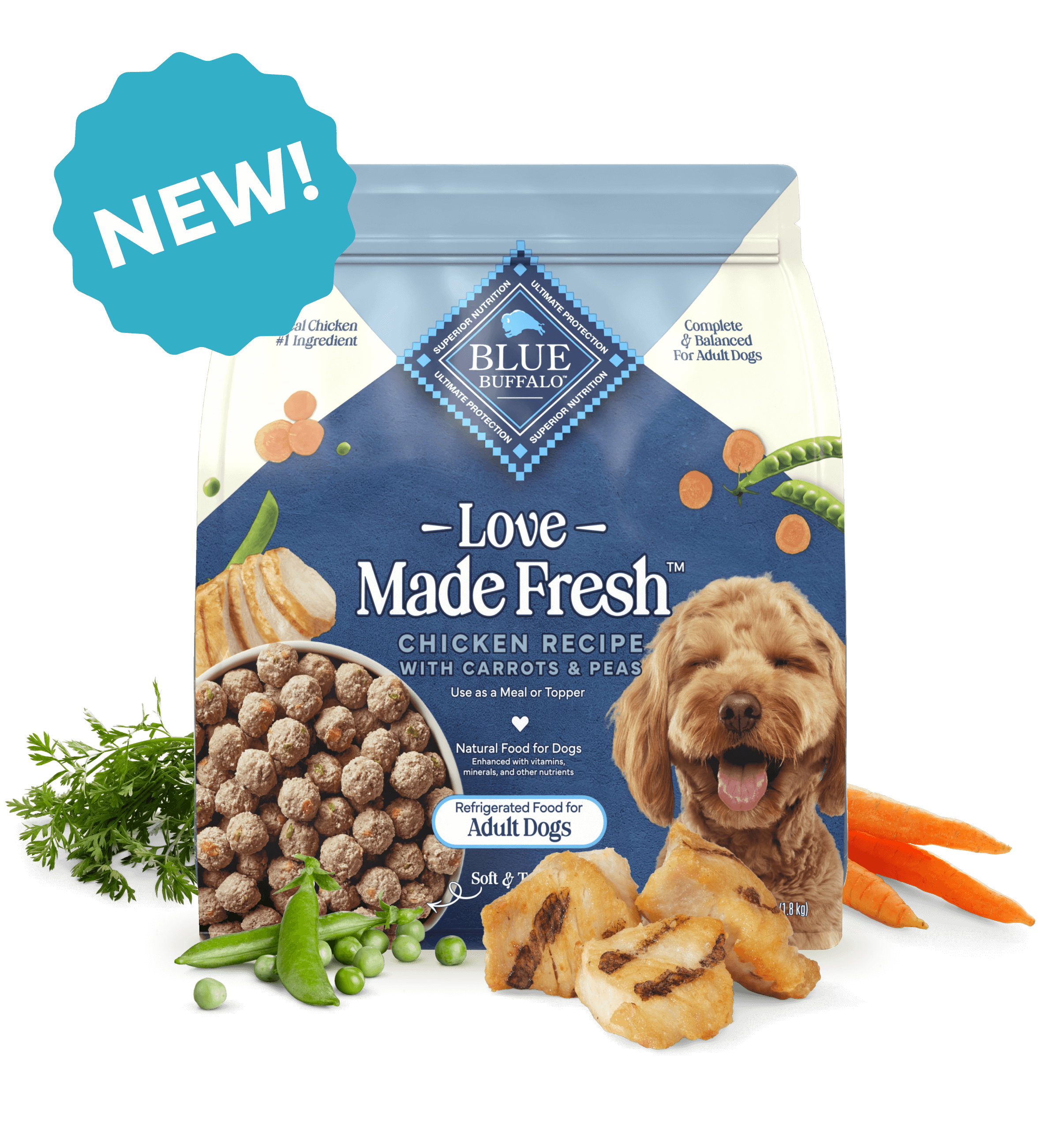 Love Made Fresh Chicken Recipe dog food with peas, carrots, and real meat pieces; "NEW!" label.