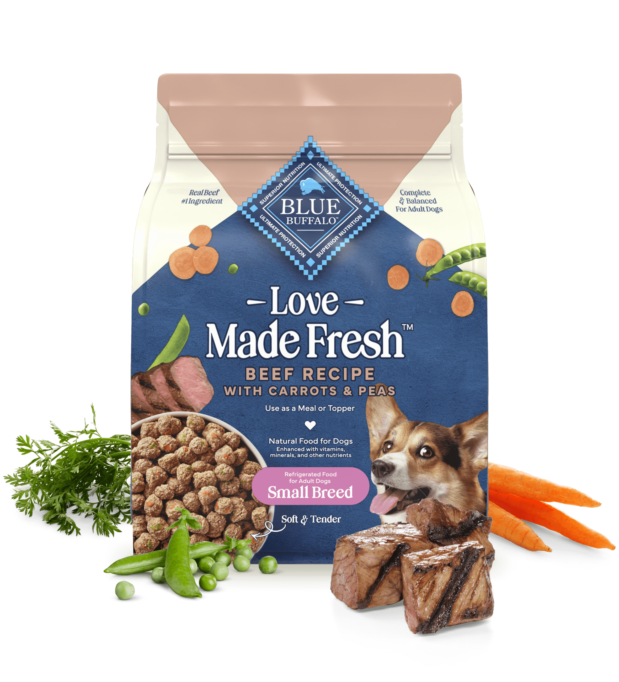 A bag of Love Made Fresh beef dog food with carrots, peas, steak, and wholesome vegetables.