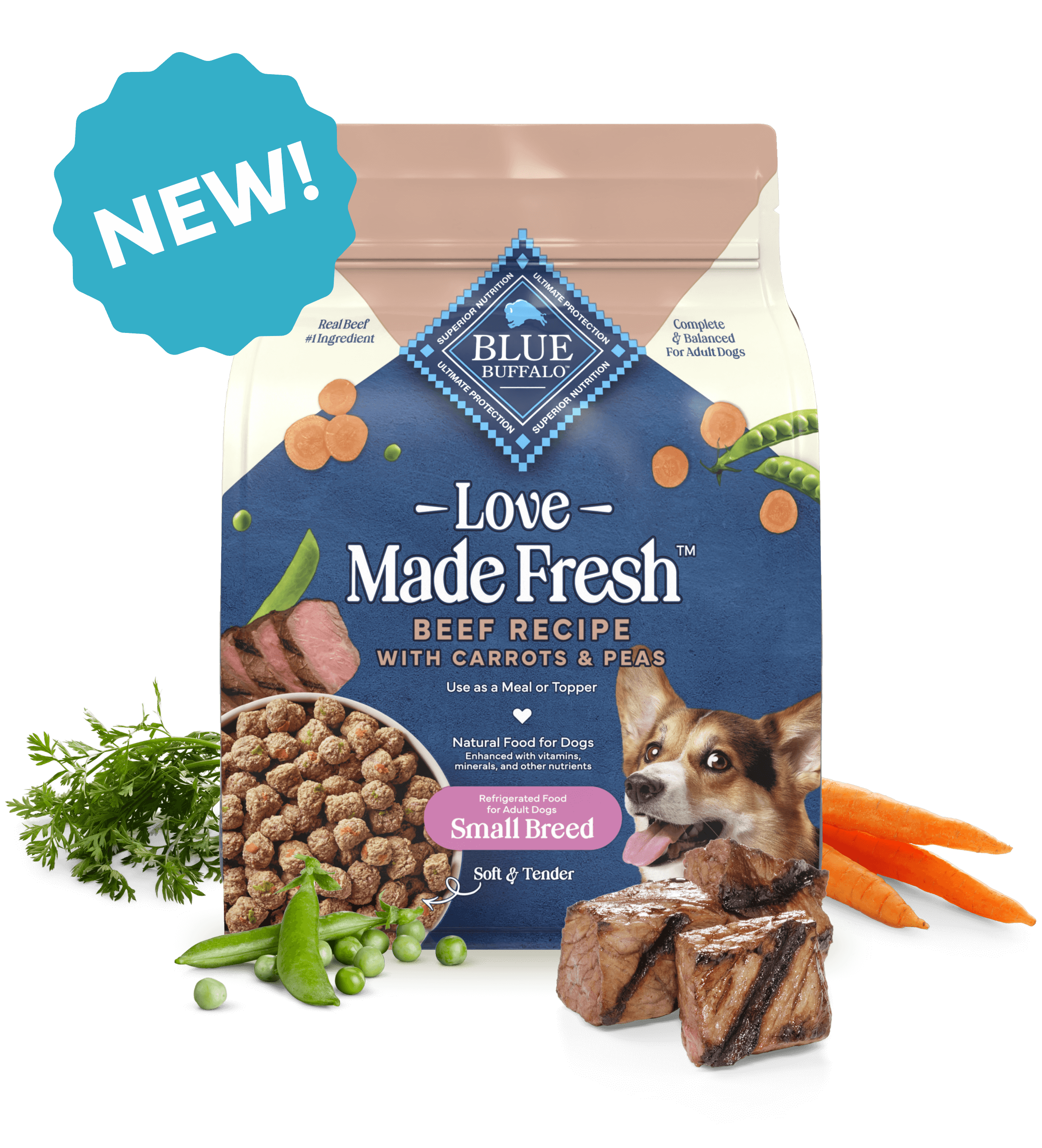 Love Made Fresh beef dog food for small breeds, with carrots, peas, and savory beef pieces; labeled "NEW.