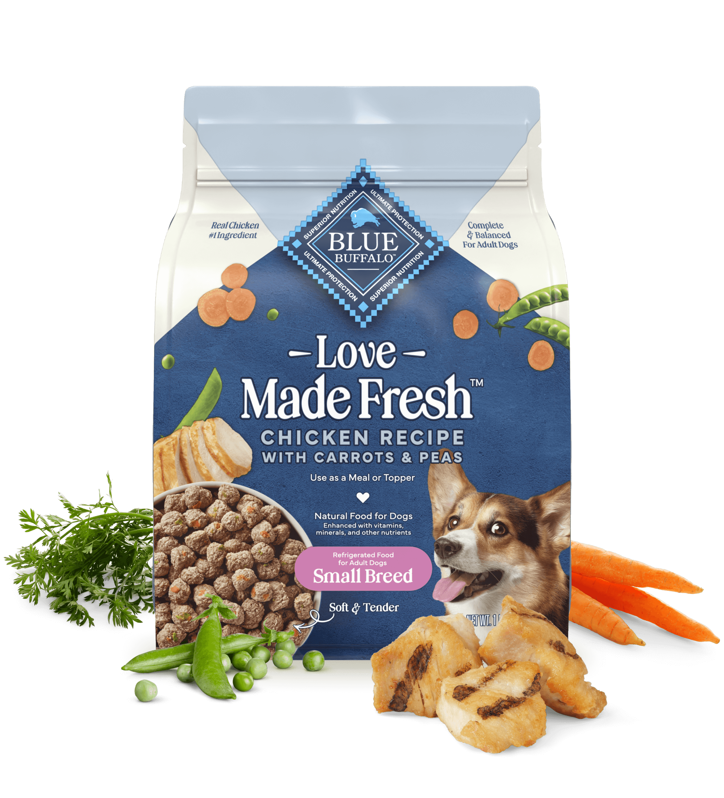 Love Made Fresh chicken recipe for small breed dogs, with carrots, peas, and fresh food ingredients.