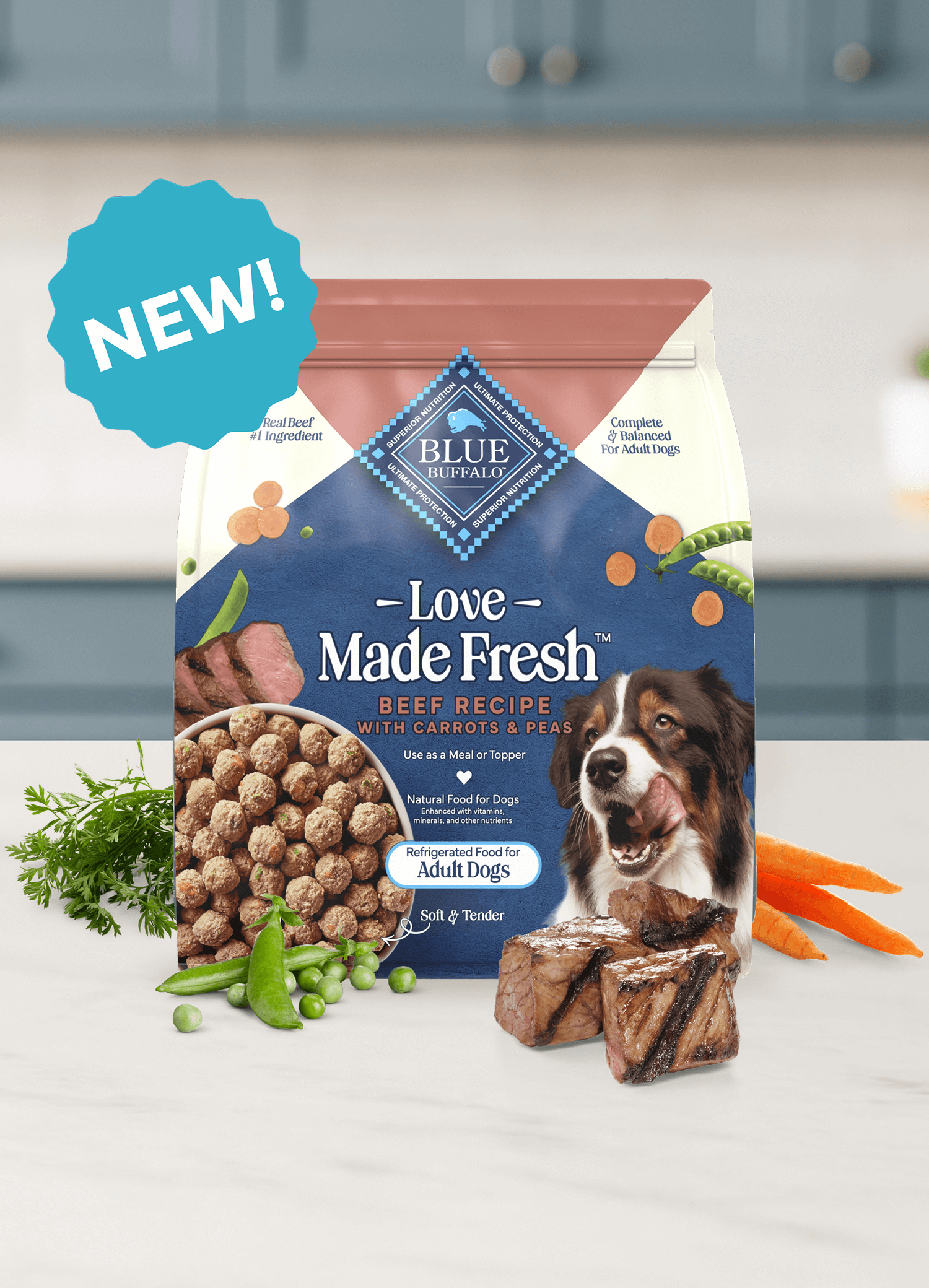 A bag of Love Made Fresh beef recipe dog food with meat, peas, and carrots on a kitchen counter.