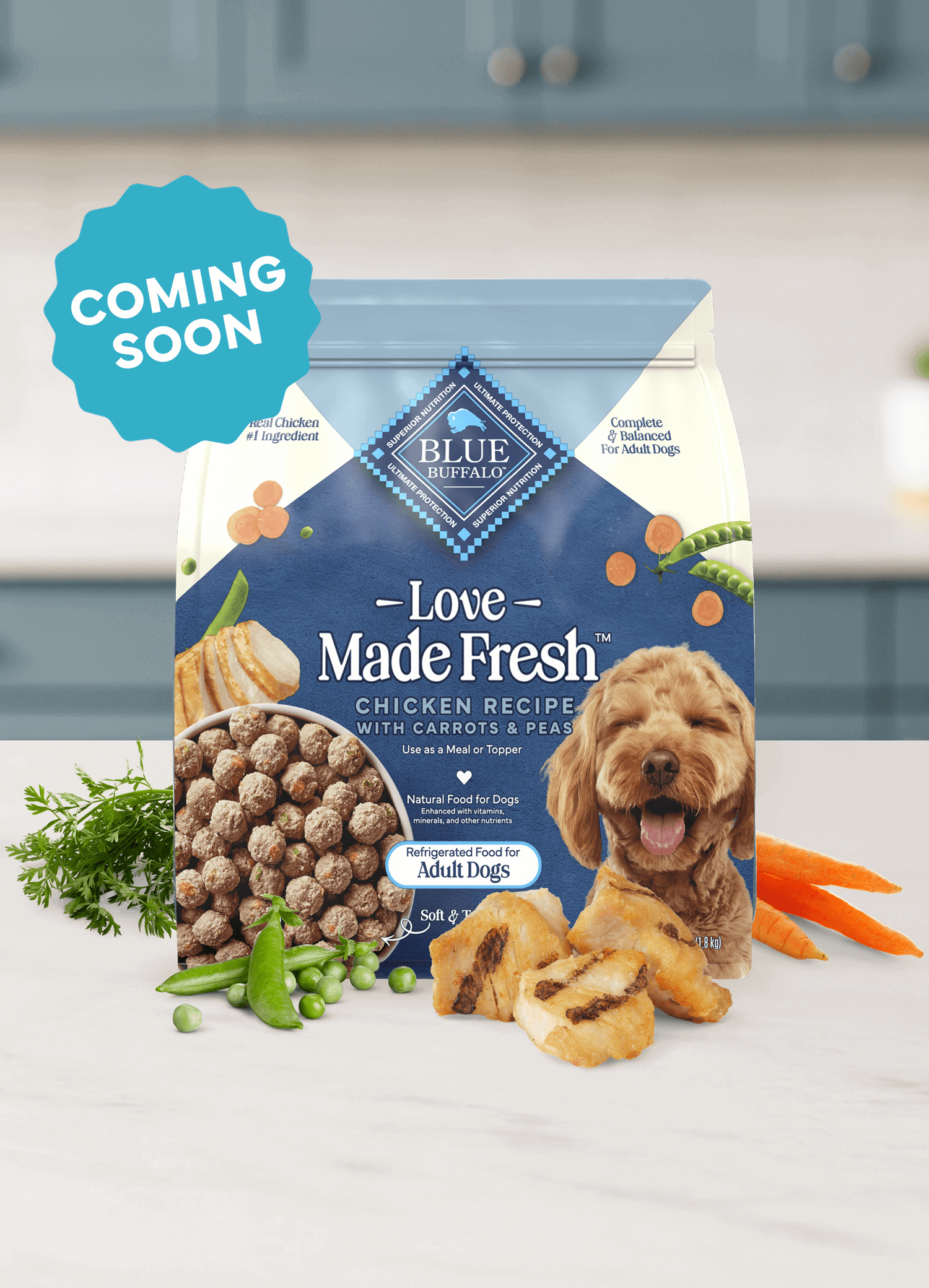 A BLUE recipe is shown next to tasty, real vegetables and tender cuts of meat on a kitchen counter.