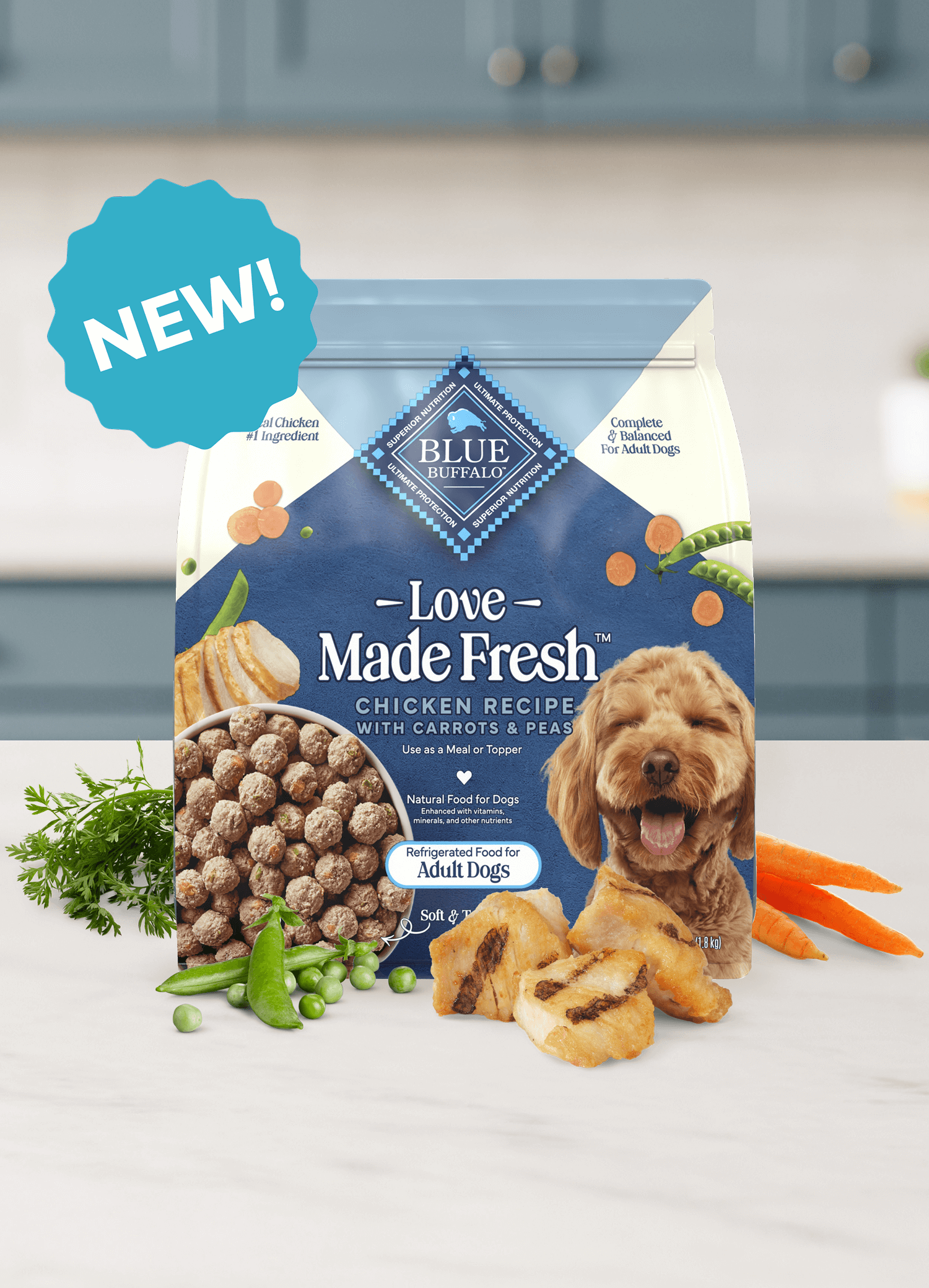 A bag of Love Made Fresh dog food with chicken, carrots, peas, and a small dog in a kitchen setting.