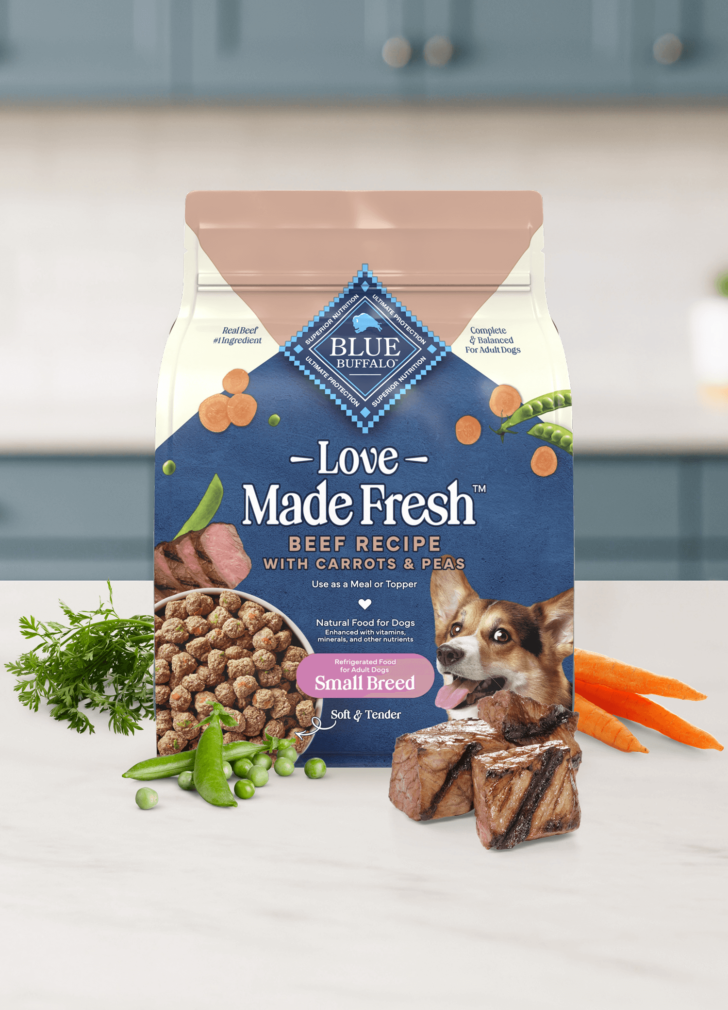 Bag of Love Made Fresh beef dog food with carrots, peas, and tender beef pieces on a kitchen counter.