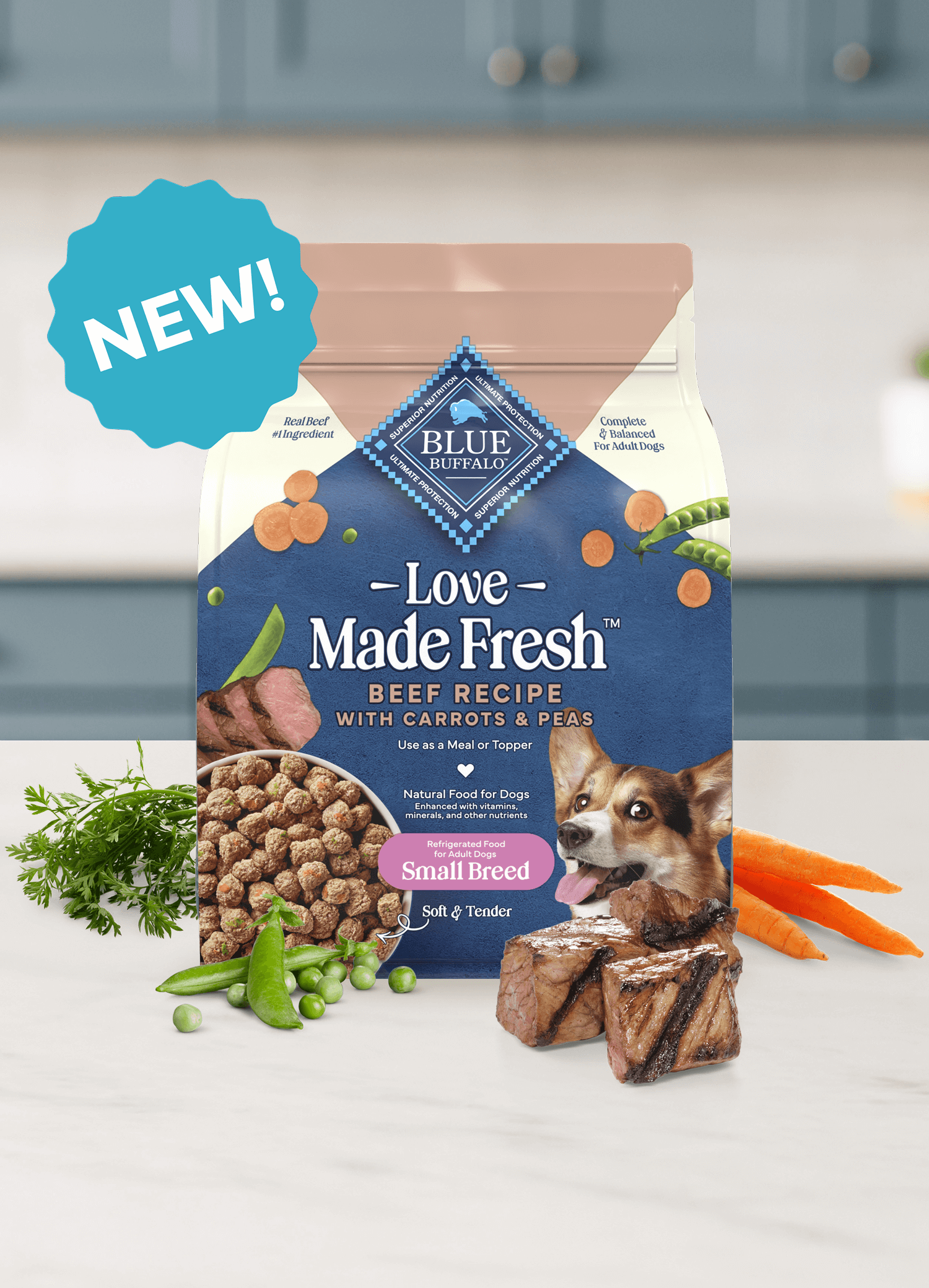 Bag of Love Made Fresh dog food, beef recipe with carrots and peas, shown with fresh ingredients.