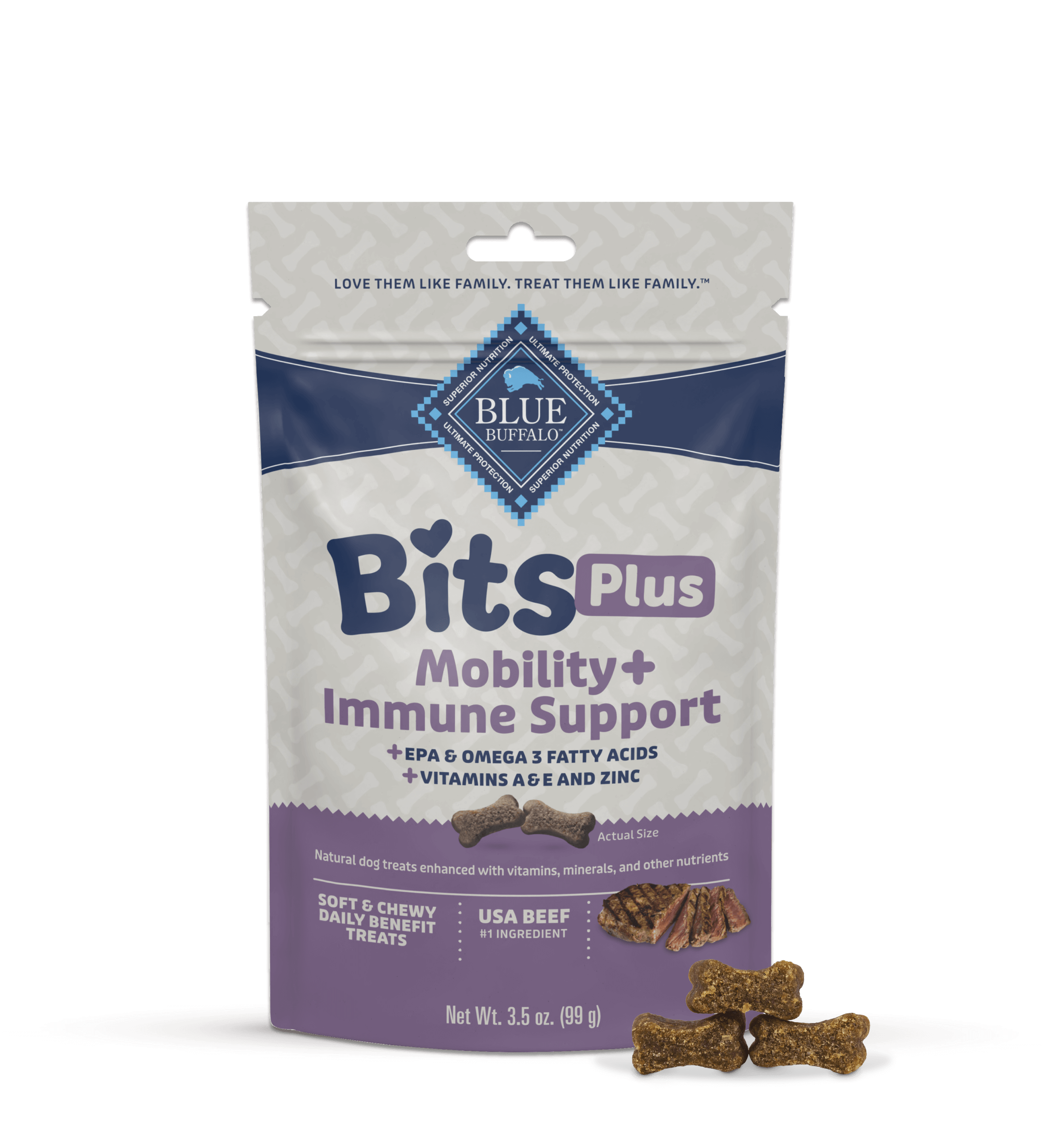 A package of BLUE Bits Plus Mobility + Immune Support soft and chewy dog training treats with a few bone-shaped treats neatly stacked in front.