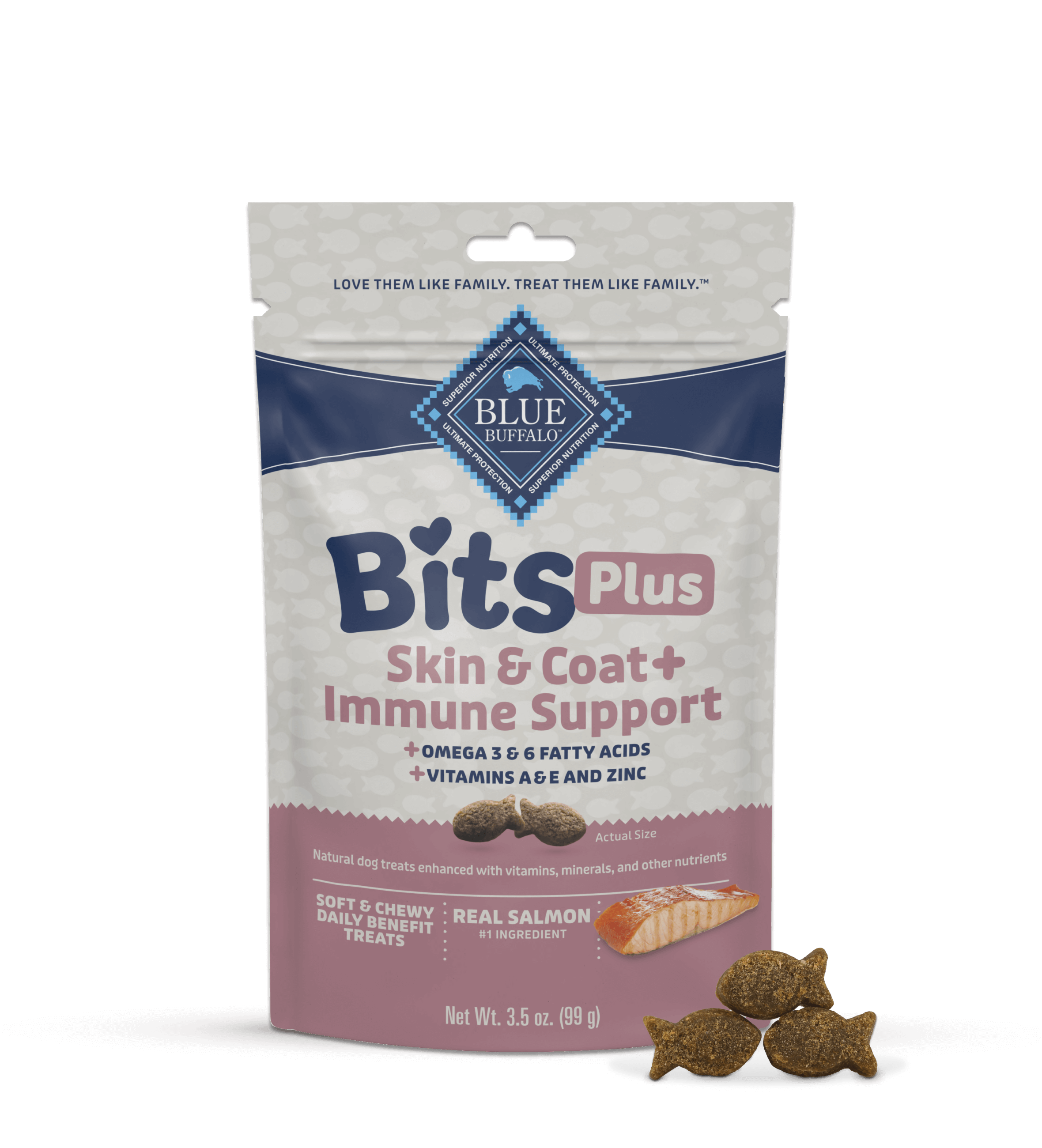 A package of BLUE Bits Plus Skin & Coat + Immune Support soft and chewy dog training treats with a few fish-shaped treats neatly stacked in front.