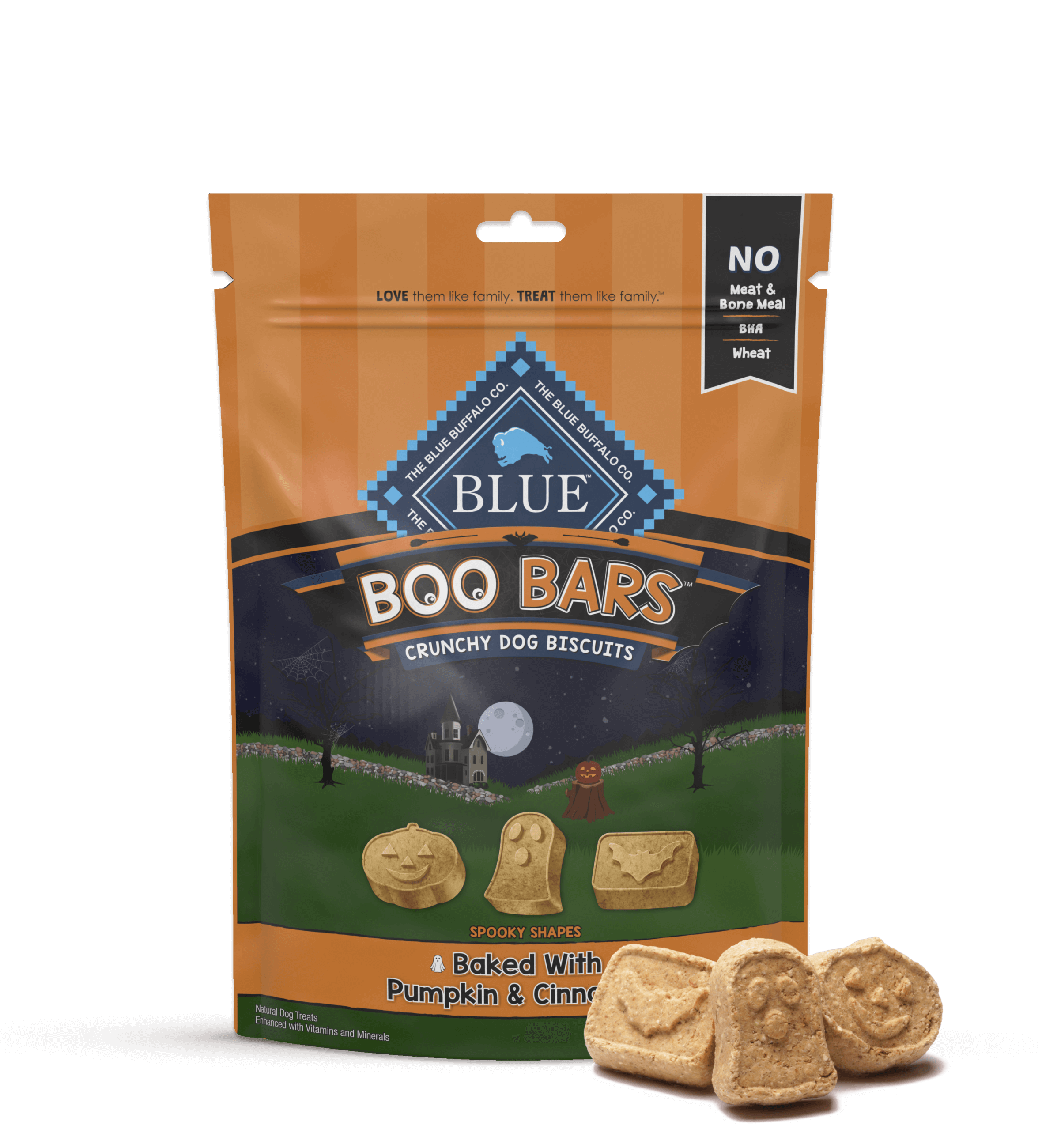 Blue Buffalo Boo Bars Halloween-themed dog treats packaging, orange and black with ghosts and bats, highlighting wheat-free natural ingredients.