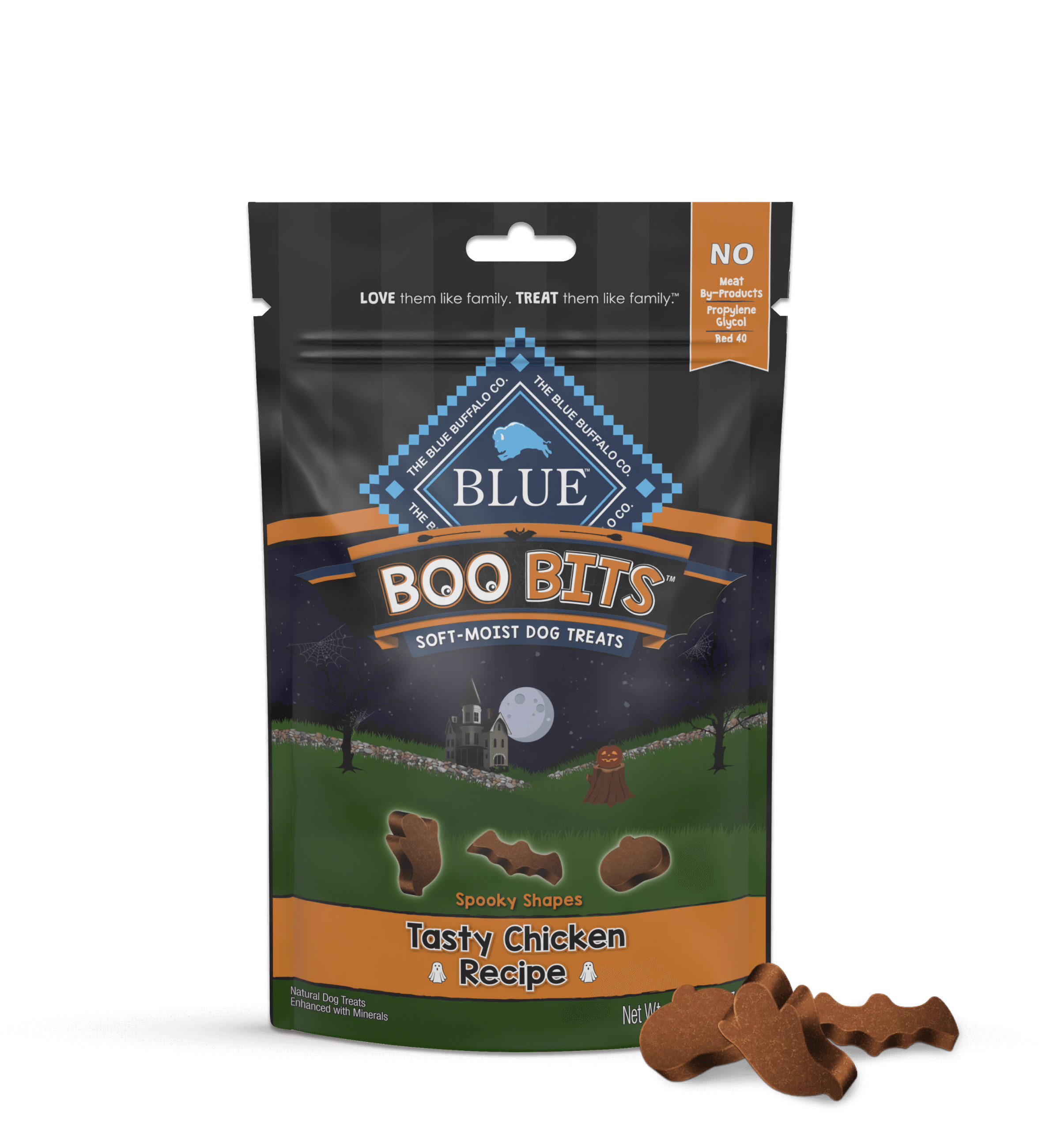 Blue Buffalo Boo Bits dog treats packaging, orange and black with Halloween-themed design, featuring ghosts and promoting natural, wheat-free ingredients.