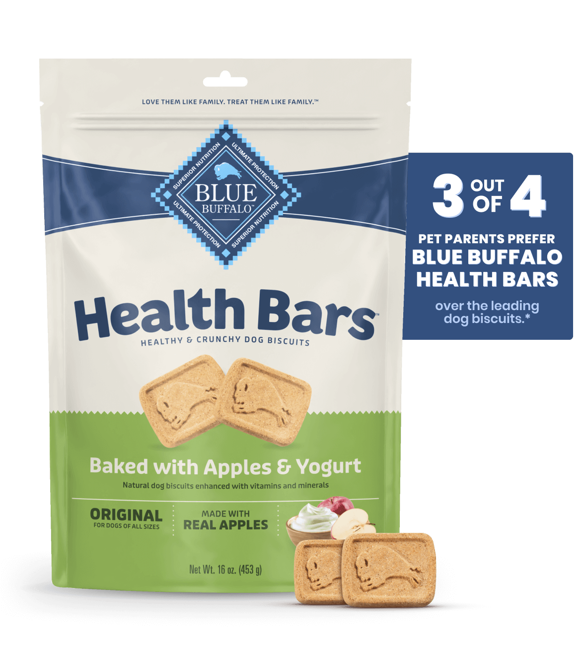 Health Bars dog biscuits baked with apples and yogurt, featuring a 3 out of 4 preference claim.