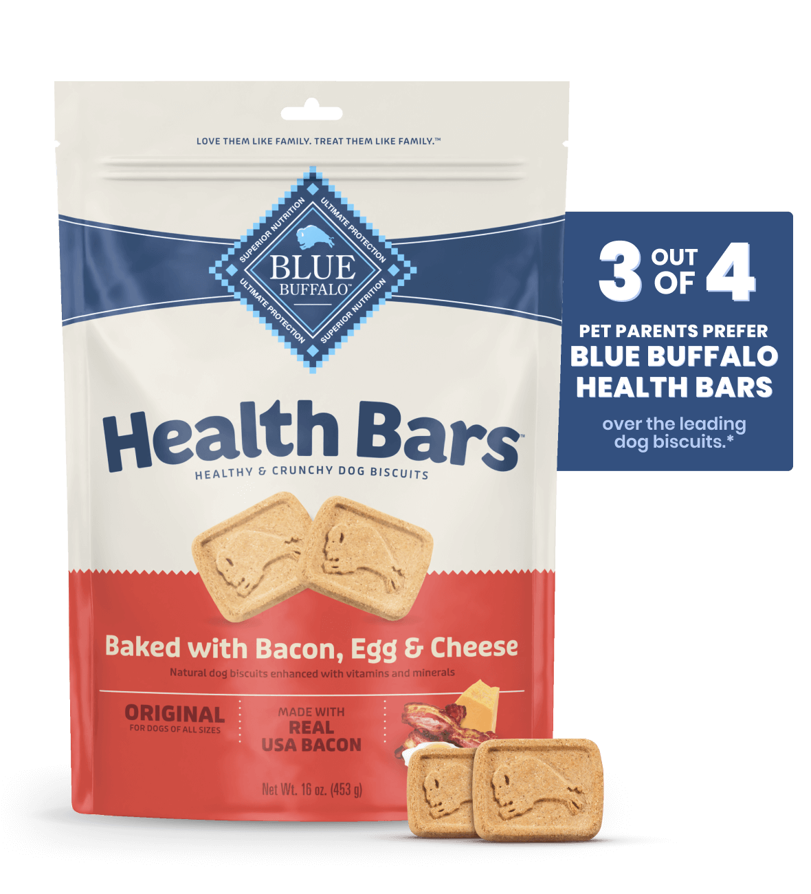 A bag of Health Bars dog biscuits, bacon, egg & cheese flavor, with three biscuits in front.