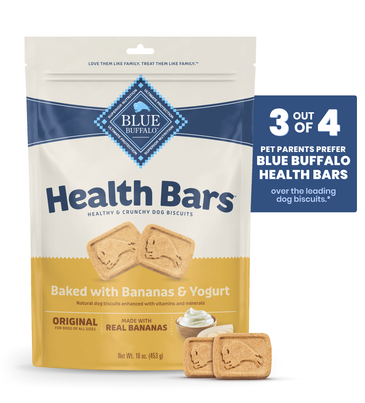 A bag of Health Bars dog biscuits, banana & yogurt flavor, with biscuits shown in front.