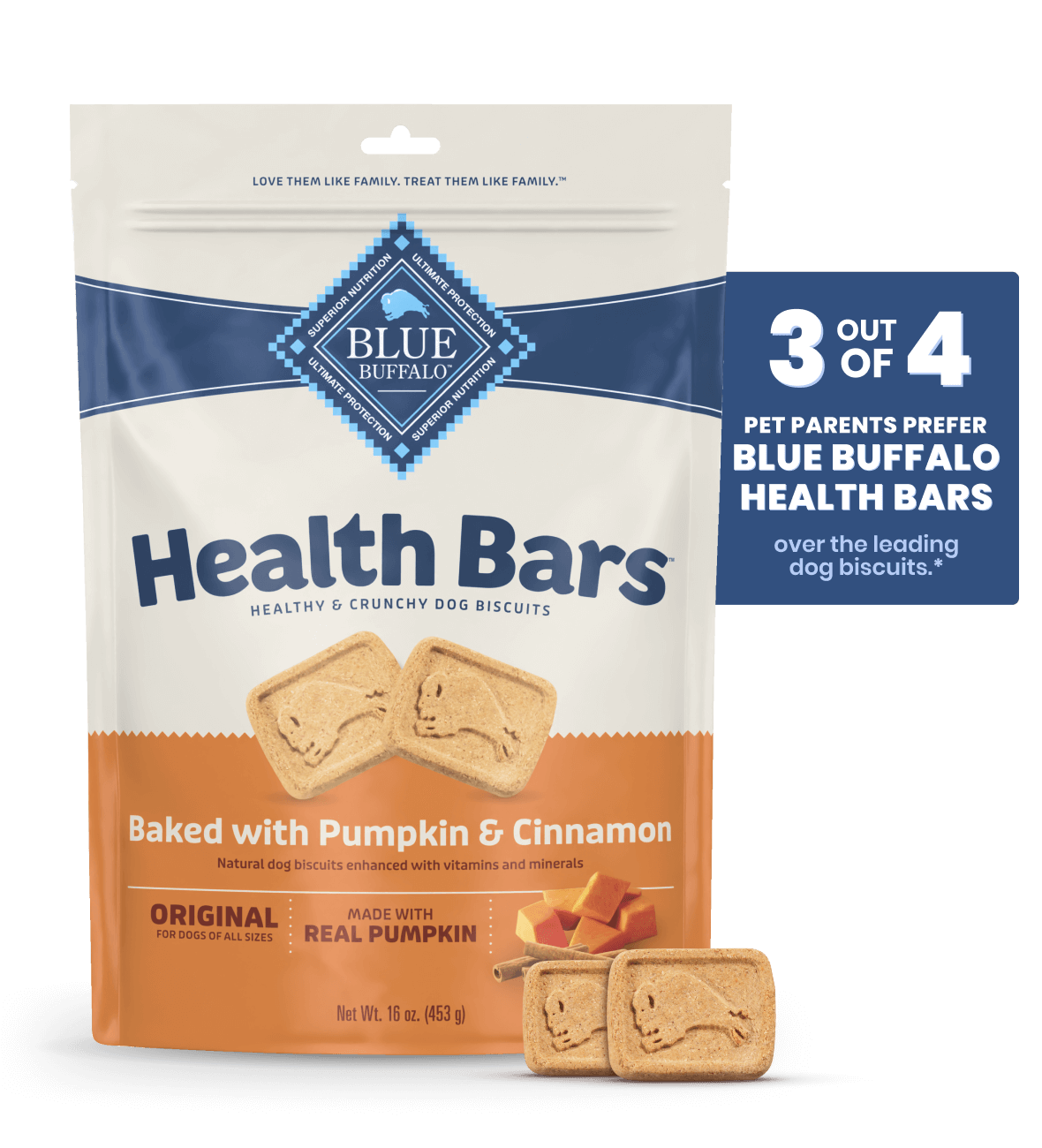 Pumpkin and cinnamon Health Bars dog biscuits, baked for dogs, alongside a highlighted survey fact.