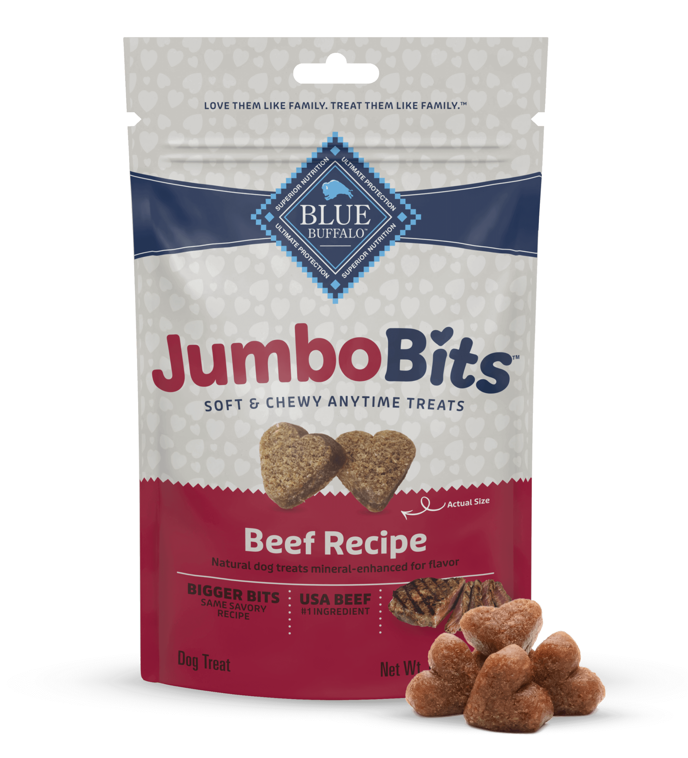 A pack of BLUE Jumbo Bits Beef Recipe dog treats and four heart-shaped Bits treats.