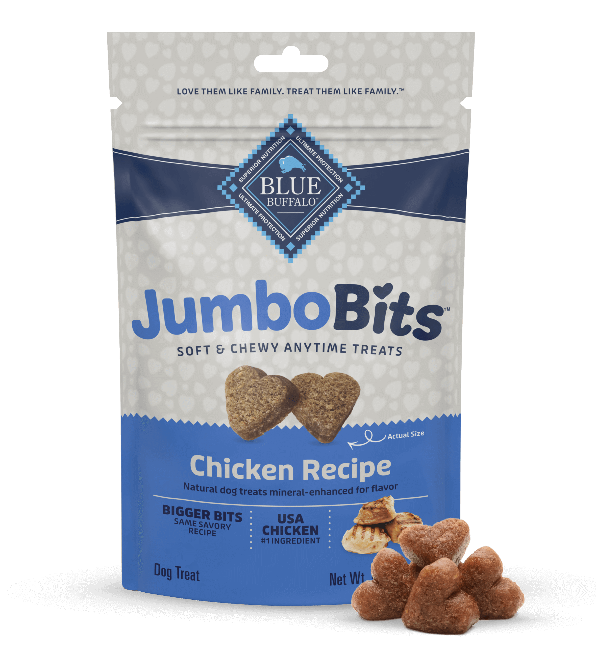 A pack of BLUE Jumbo Bits Chicken Recipe dog treats and four heart-shaped Bits treats.