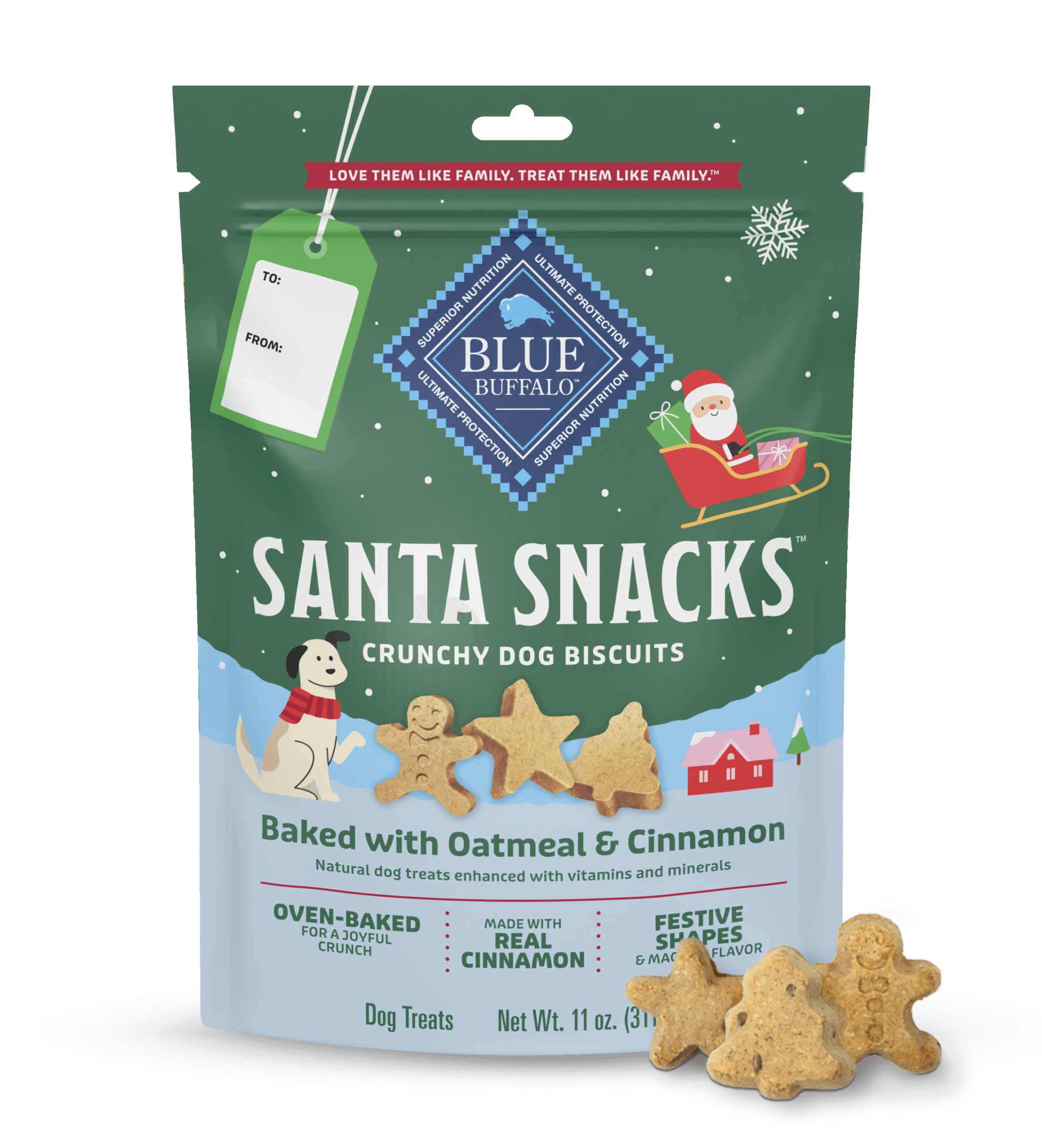 Blue Buffalo Santa Snacks dog biscuits package with oatmeal and cinnamon