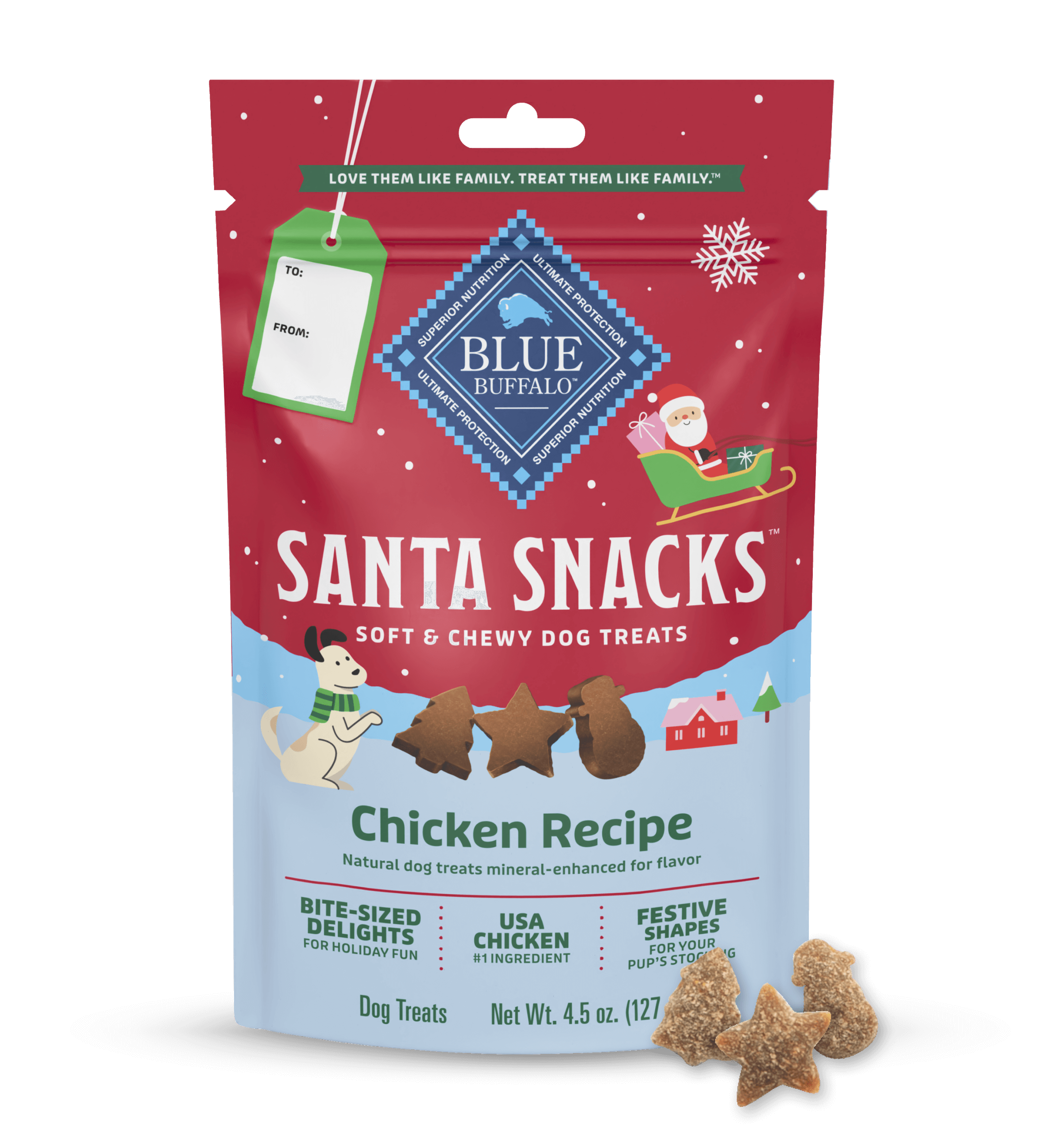 Blue Buffalo Santa Snacks chicken recipe dog treats package