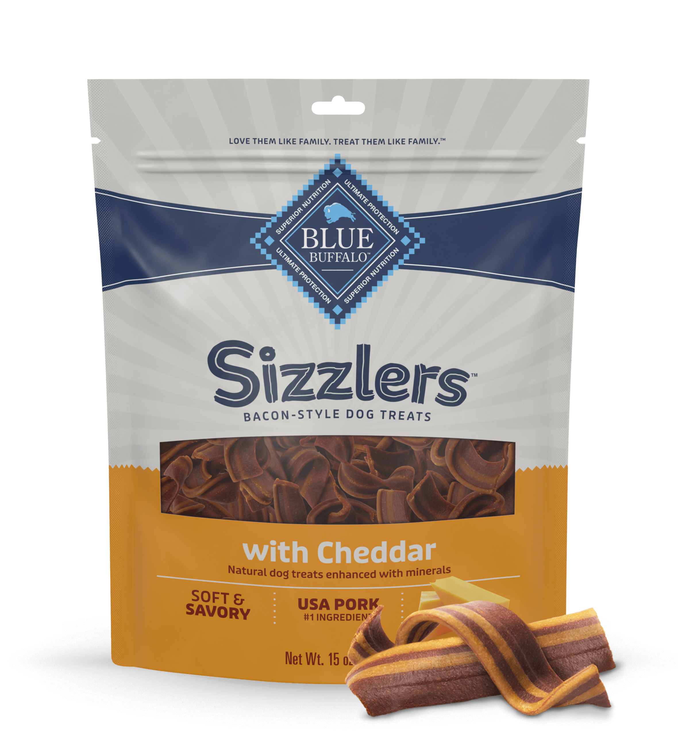 A bag of BLUE Sizzlers Bacon-Style Dog Treats Cheddar Recipe