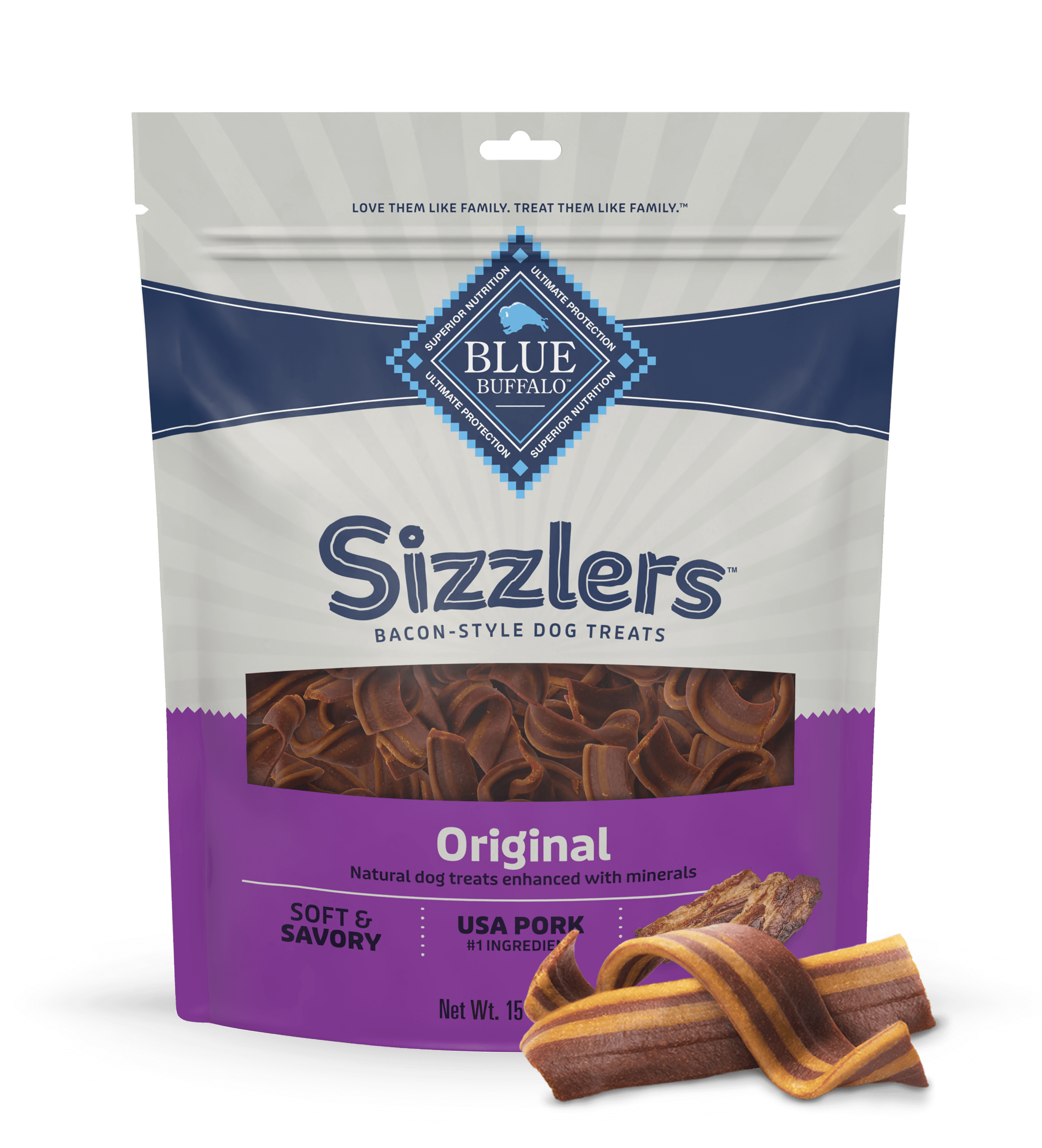 A bag of Blue Natural, Bacon-Style Dog Treats.