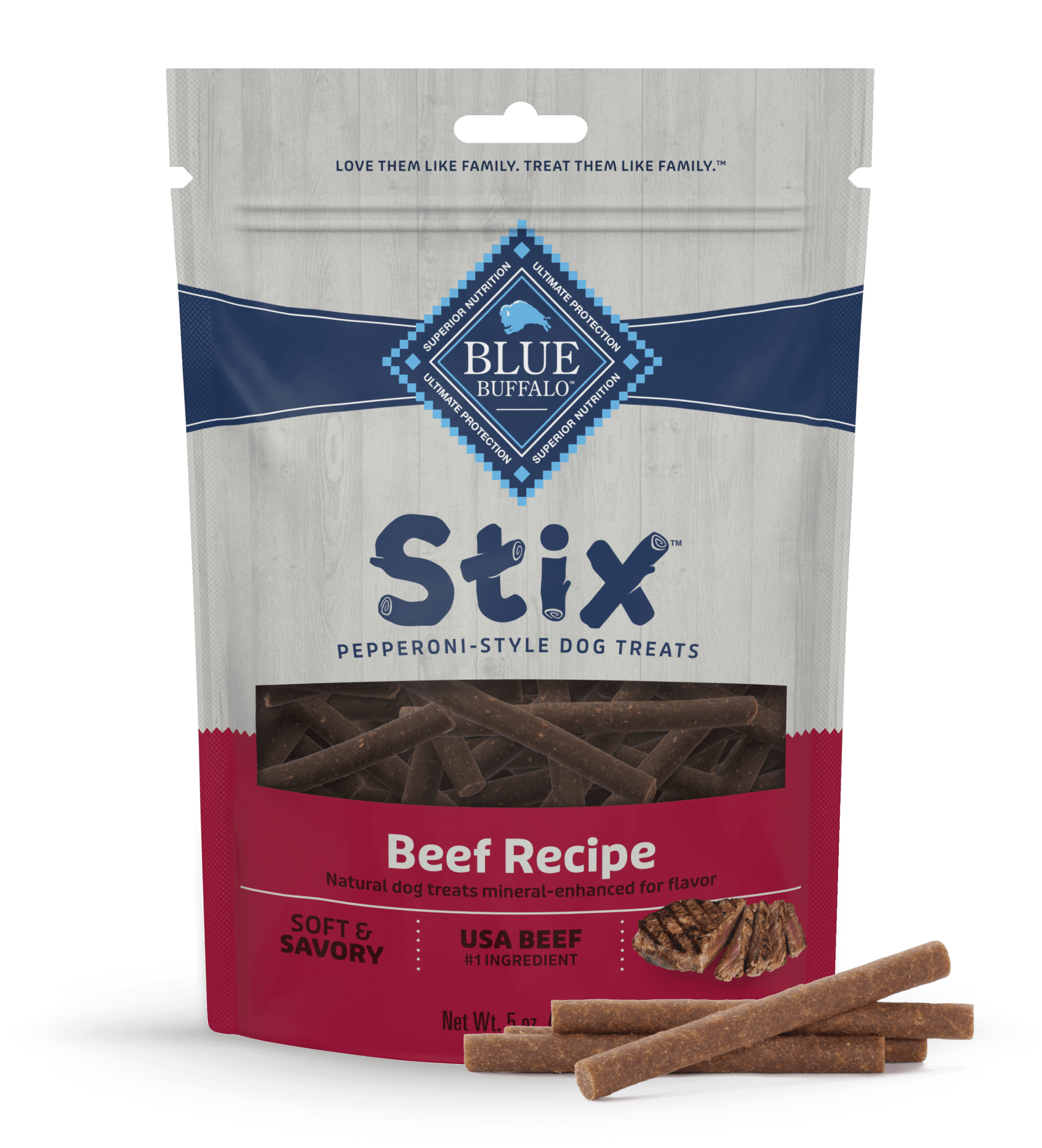 A bag of BLUE Stix Pepperoni-Style Dog Treats Beef Recipe dog food