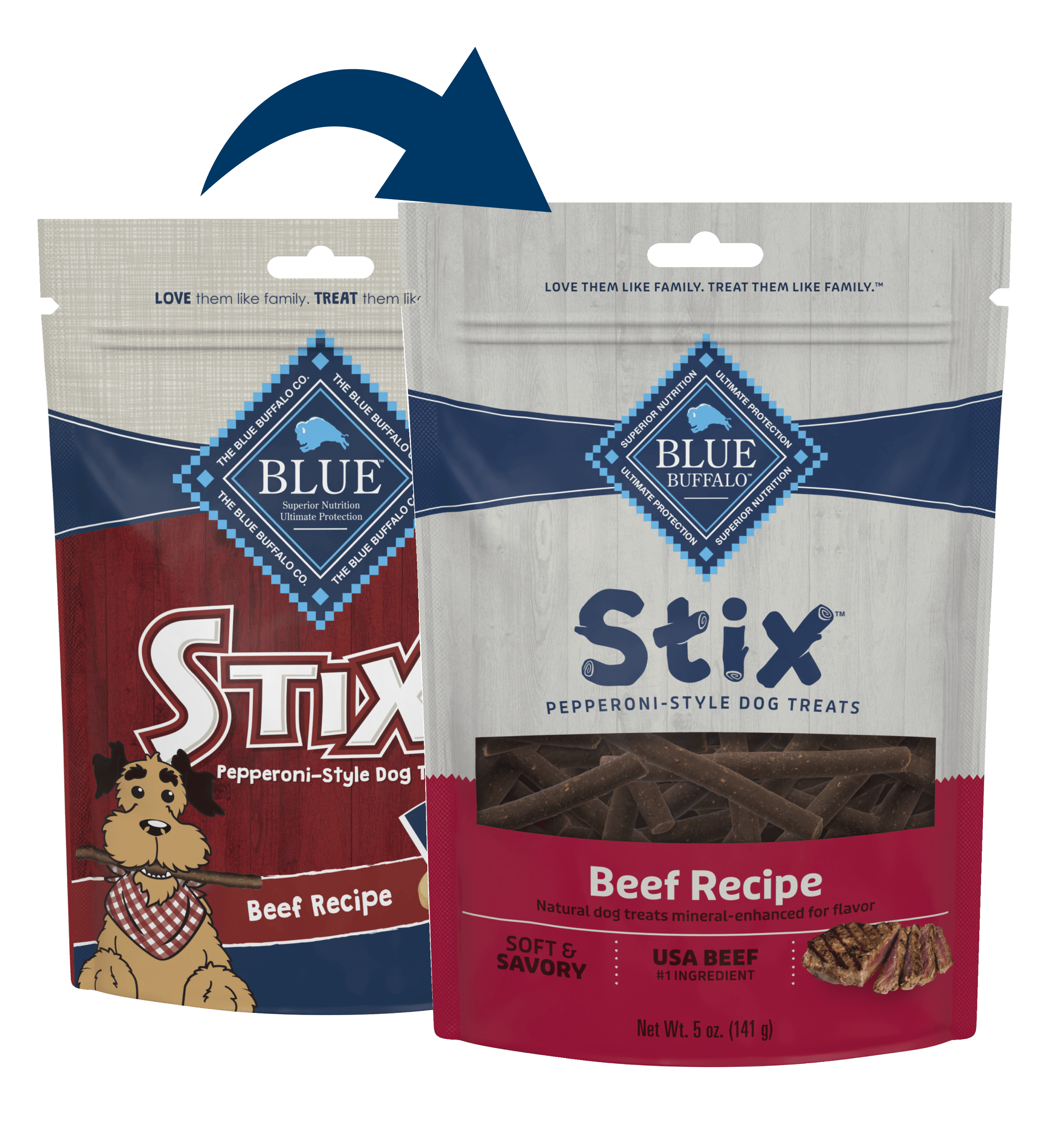 A bag of BLUE Stix Pepperoni-Style Dog Treats Beef Recipe dog food