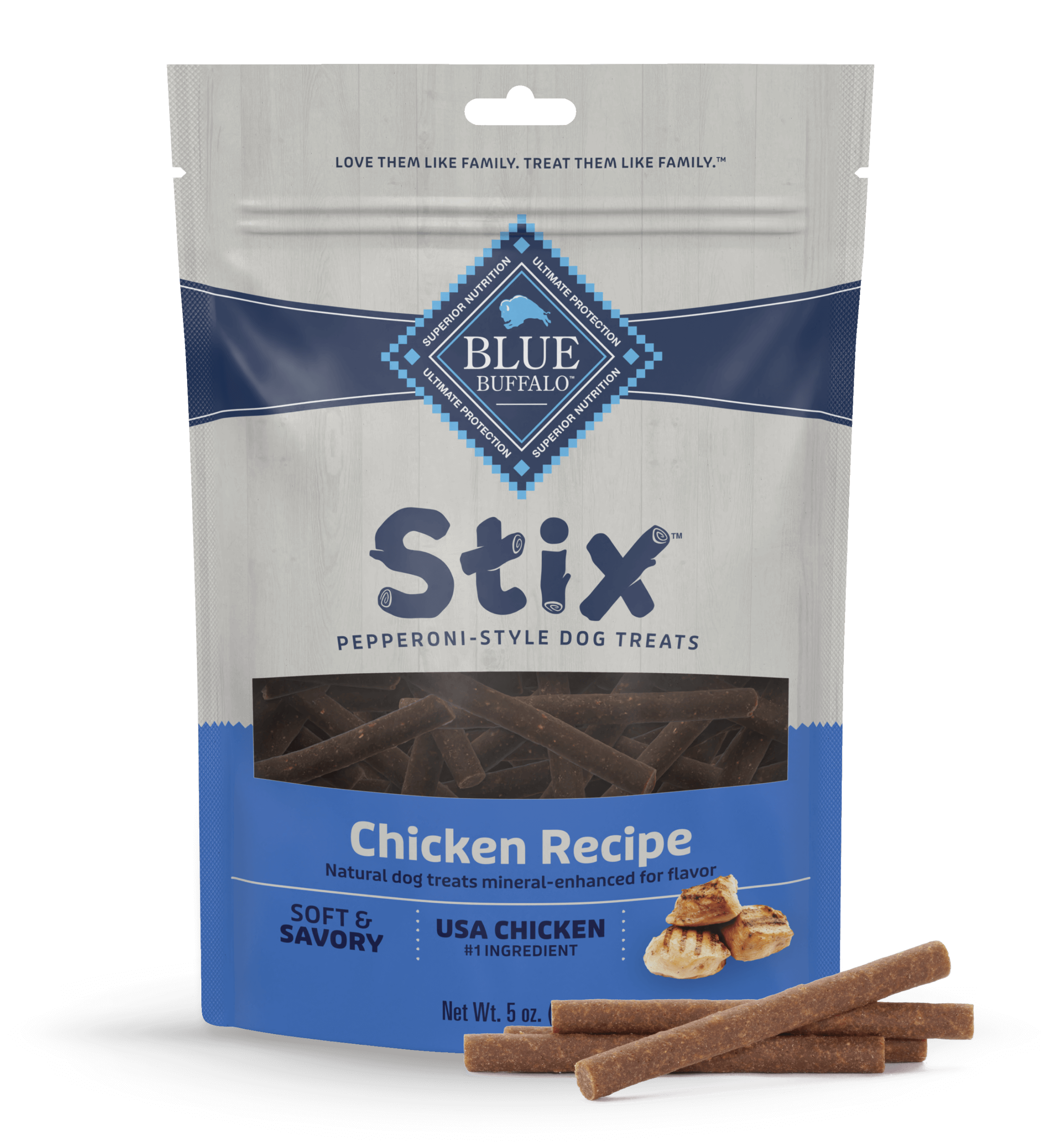 A bag of BLUE Stix Pepperoni-Style Dog Treats Chicken Recipe dog food