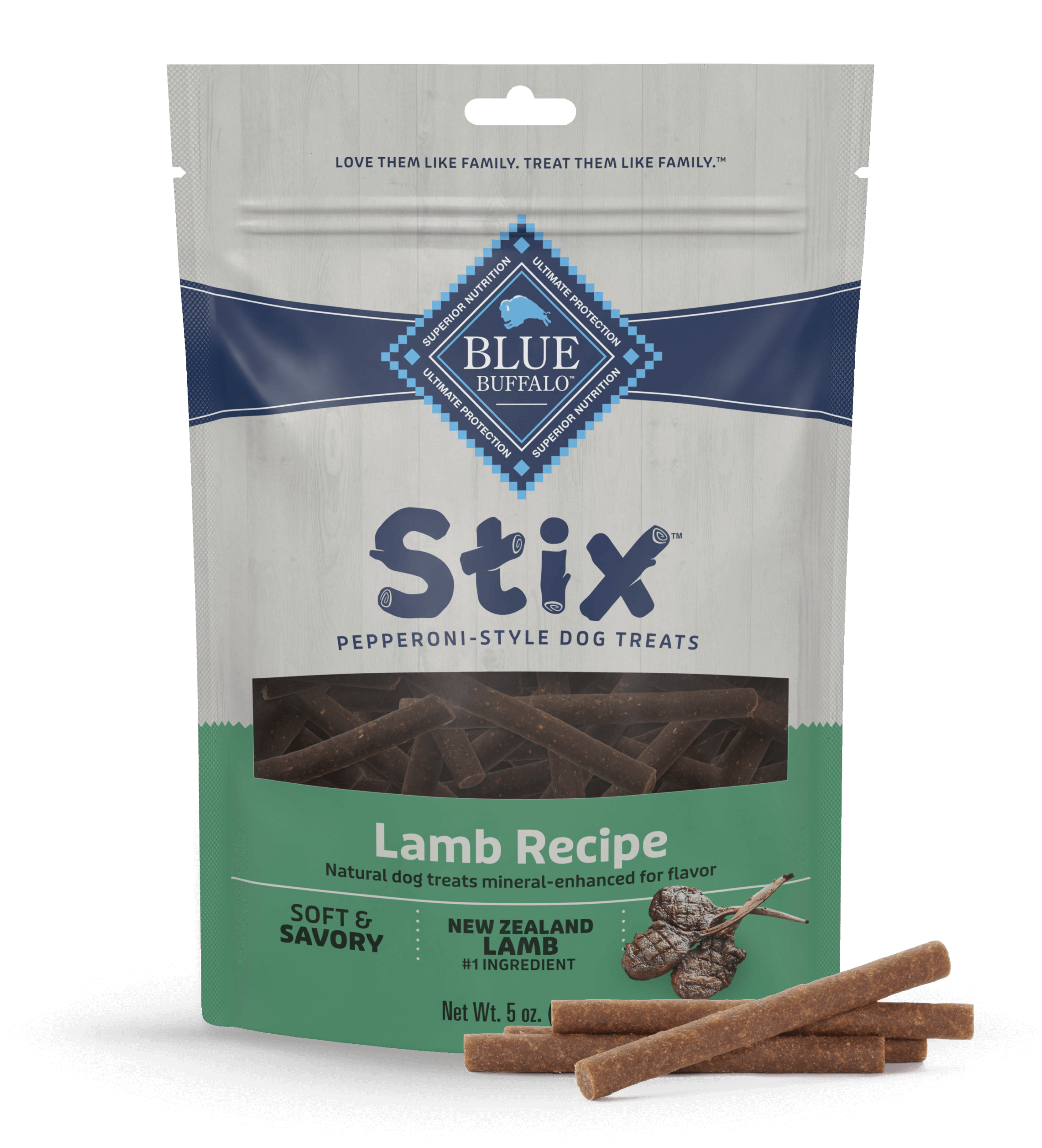 A bag of BLUE Stix Pepperoni-Style Dog Treats Lamb Recipe dog food