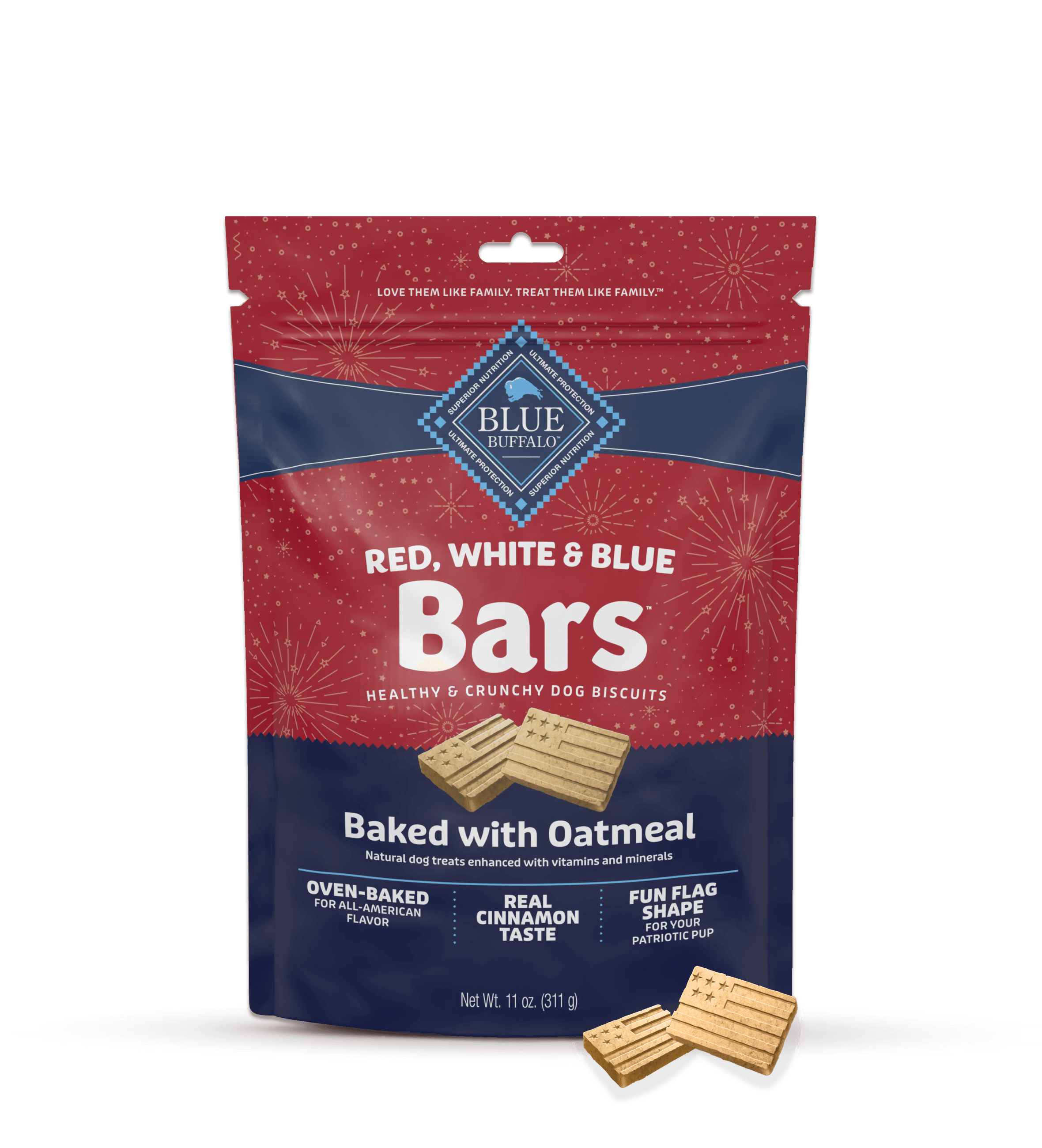 Red, white, and blue dog biscuit packaging labeled "Bars," baked with wholesome oatmeal.