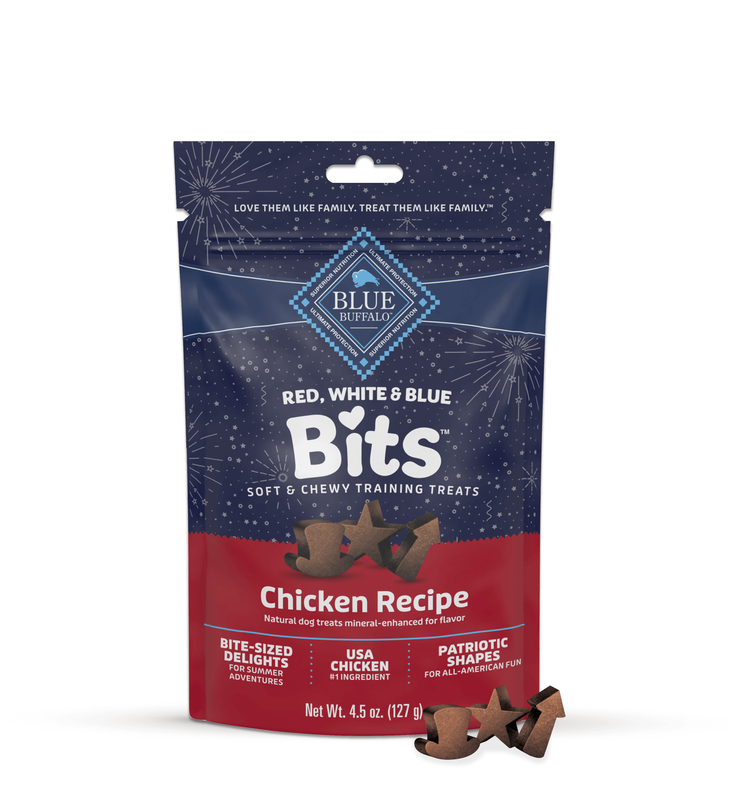 Star-shaped dog treats with red, white, and blue confetti create a festive atmosphere.