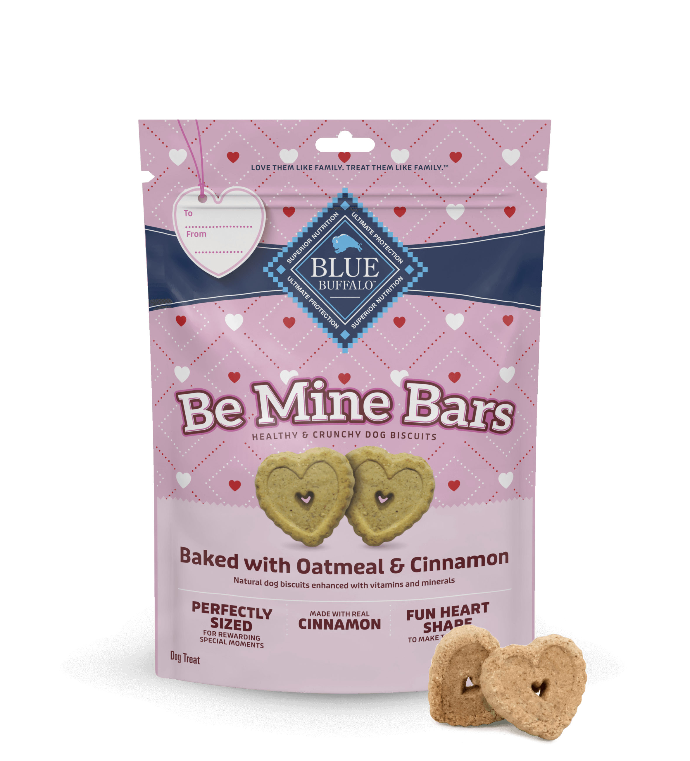 A pack of Be Mine Bars with two heart-shaped Be Mine Bars in front. The background’s light pink & shows heart-themed doodles.