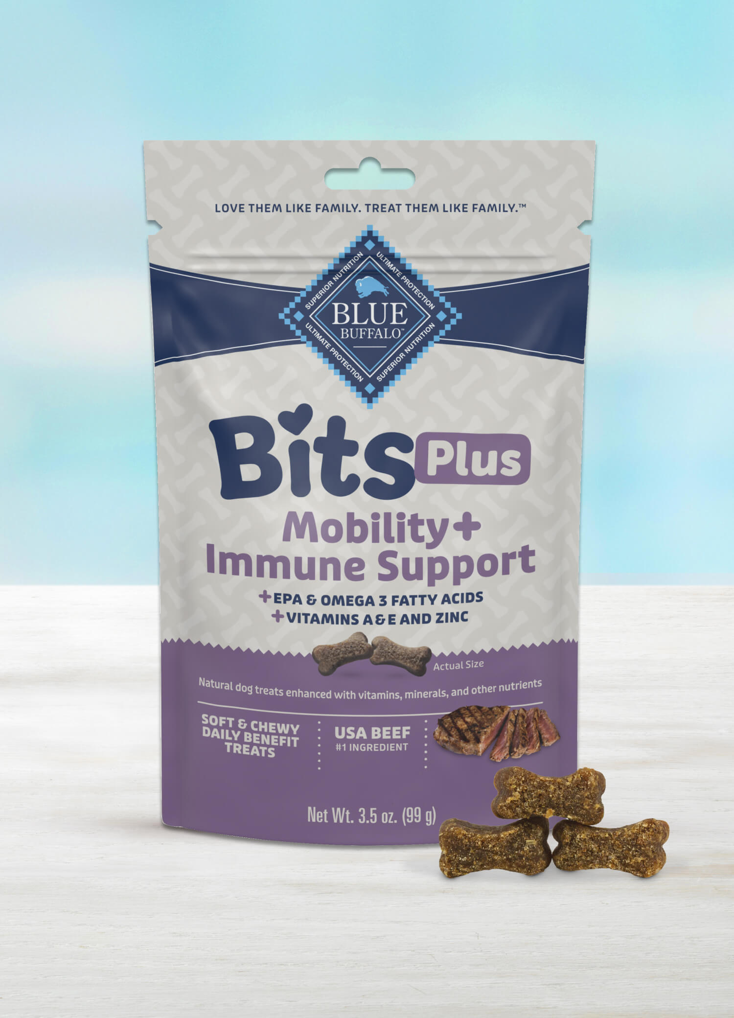 A package of BLUE Bits Plus Mobility + Immune Support soft and chewy dog training treats with a few bone-shaped treats neatly stacked in front.