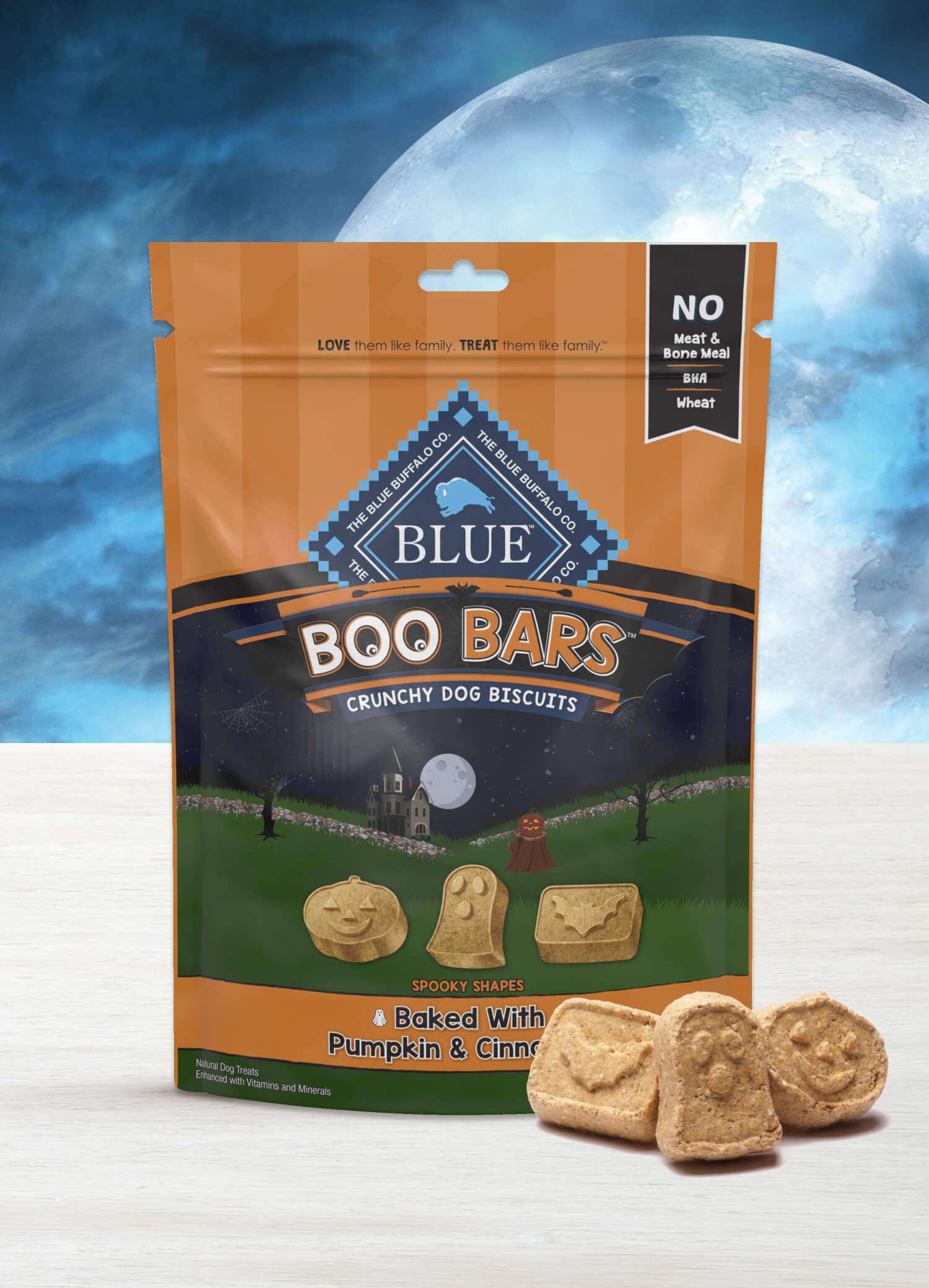 Blue Buffalo Boo Bars Halloween-themed dog treats packaging, orange and black with ghosts and bats, highlighting wheat-free natural ingredients.