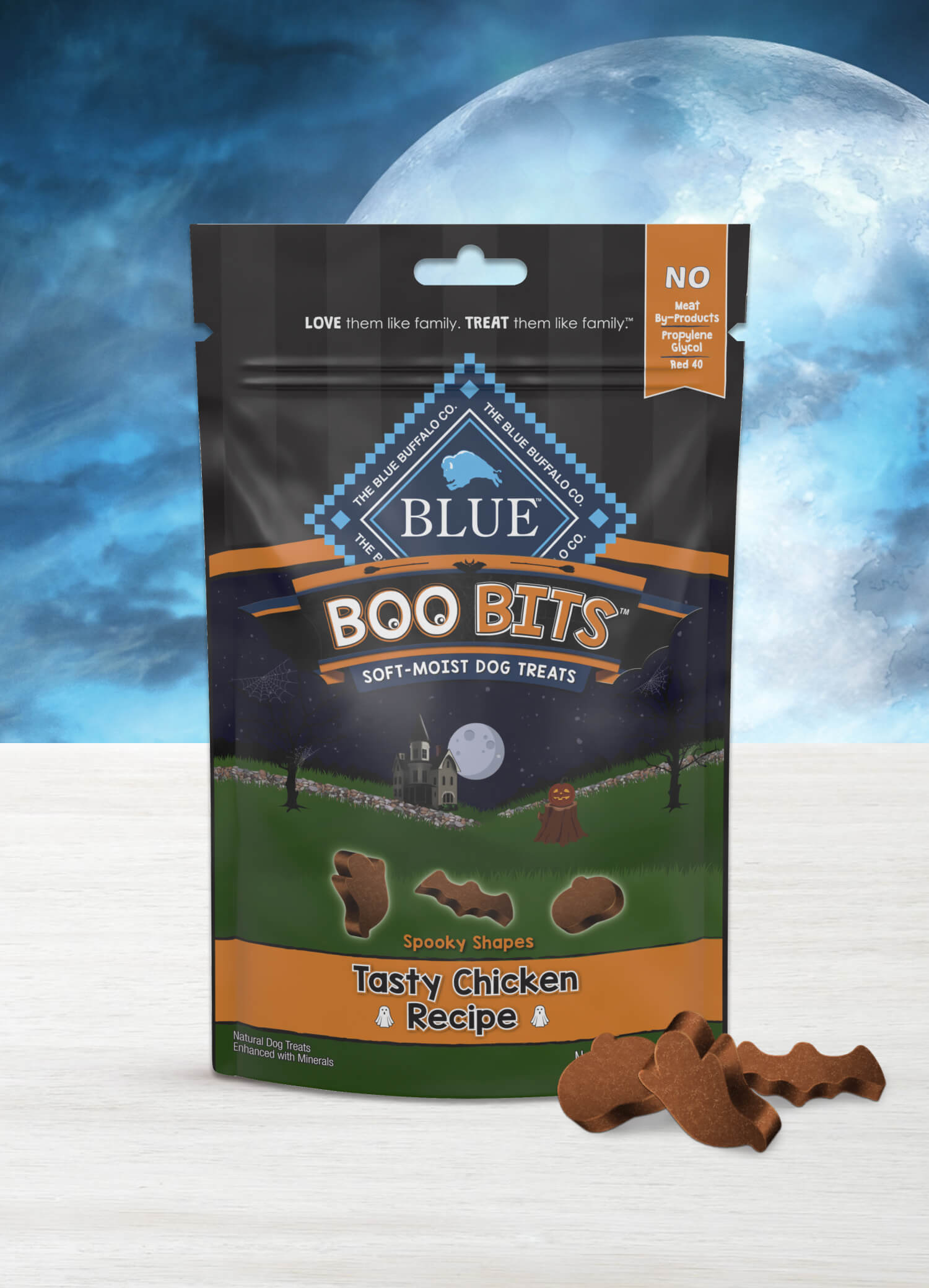 Blue Buffalo Boo Bits dog treats packaging, orange and black with Halloween-themed design, featuring ghosts and promoting natural, wheat-free ingredients.