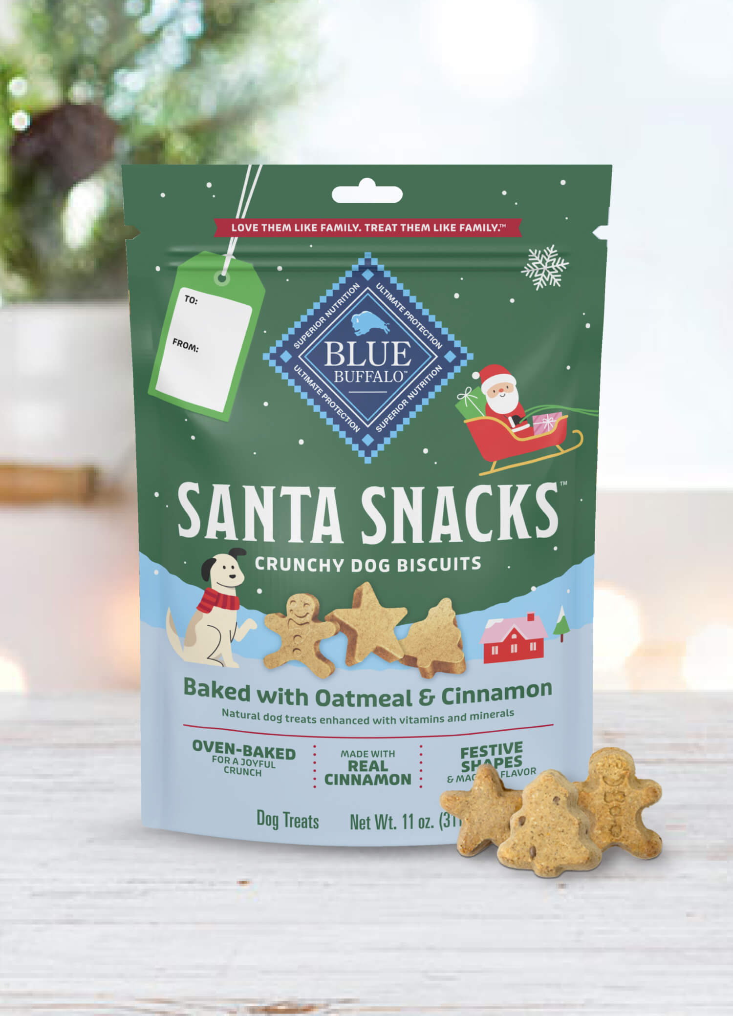 Blue Buffalo Santa Snacks dog biscuits packaging with holiday theme