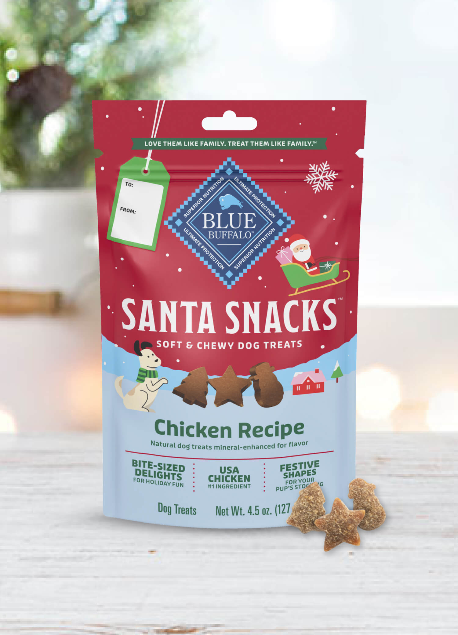 Blue Buffalo Santa Snacks dog treats package, Chicken Recipe
