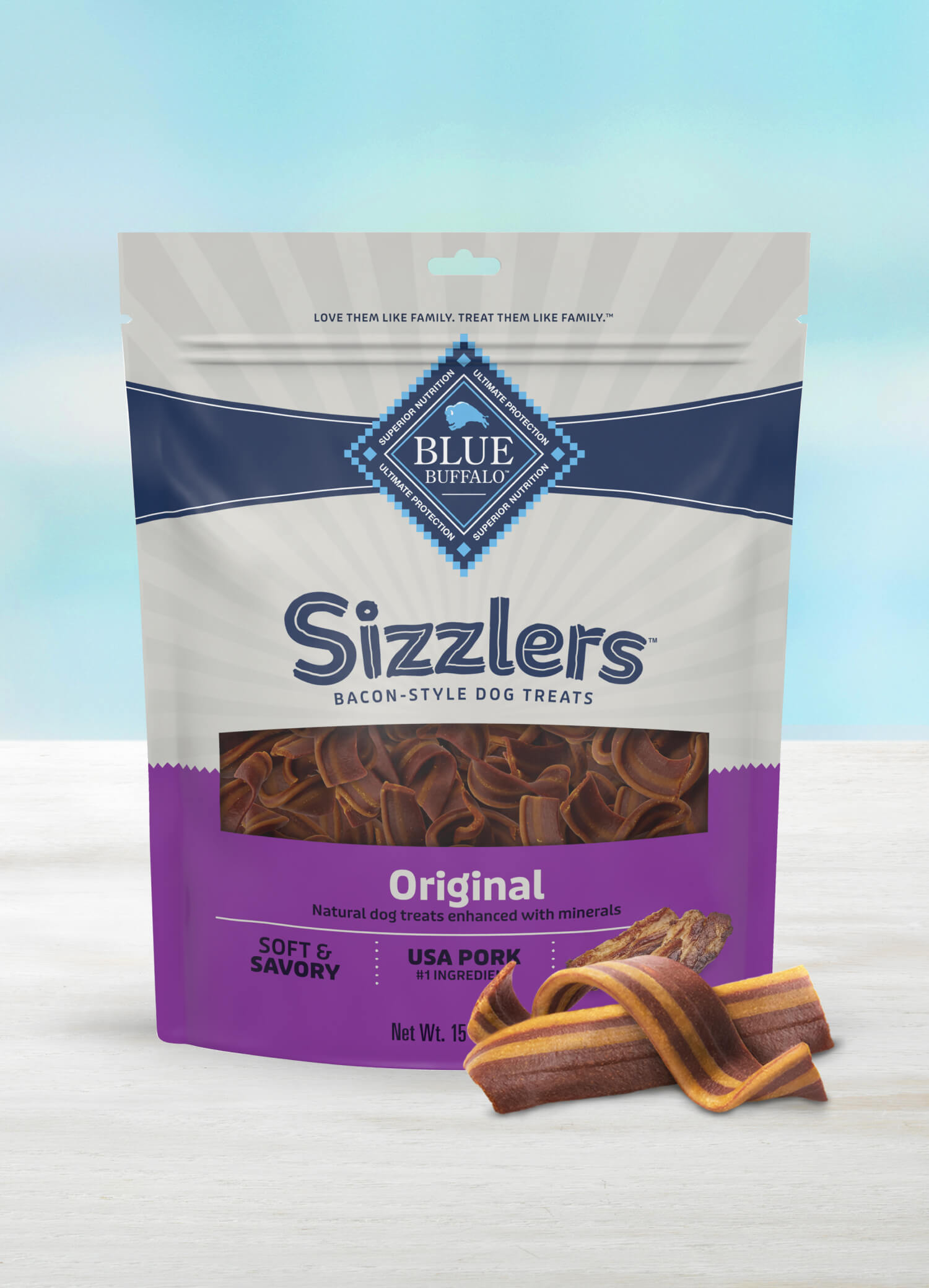 A bag of Blue Natural, Bacon-Style Dog Treats.