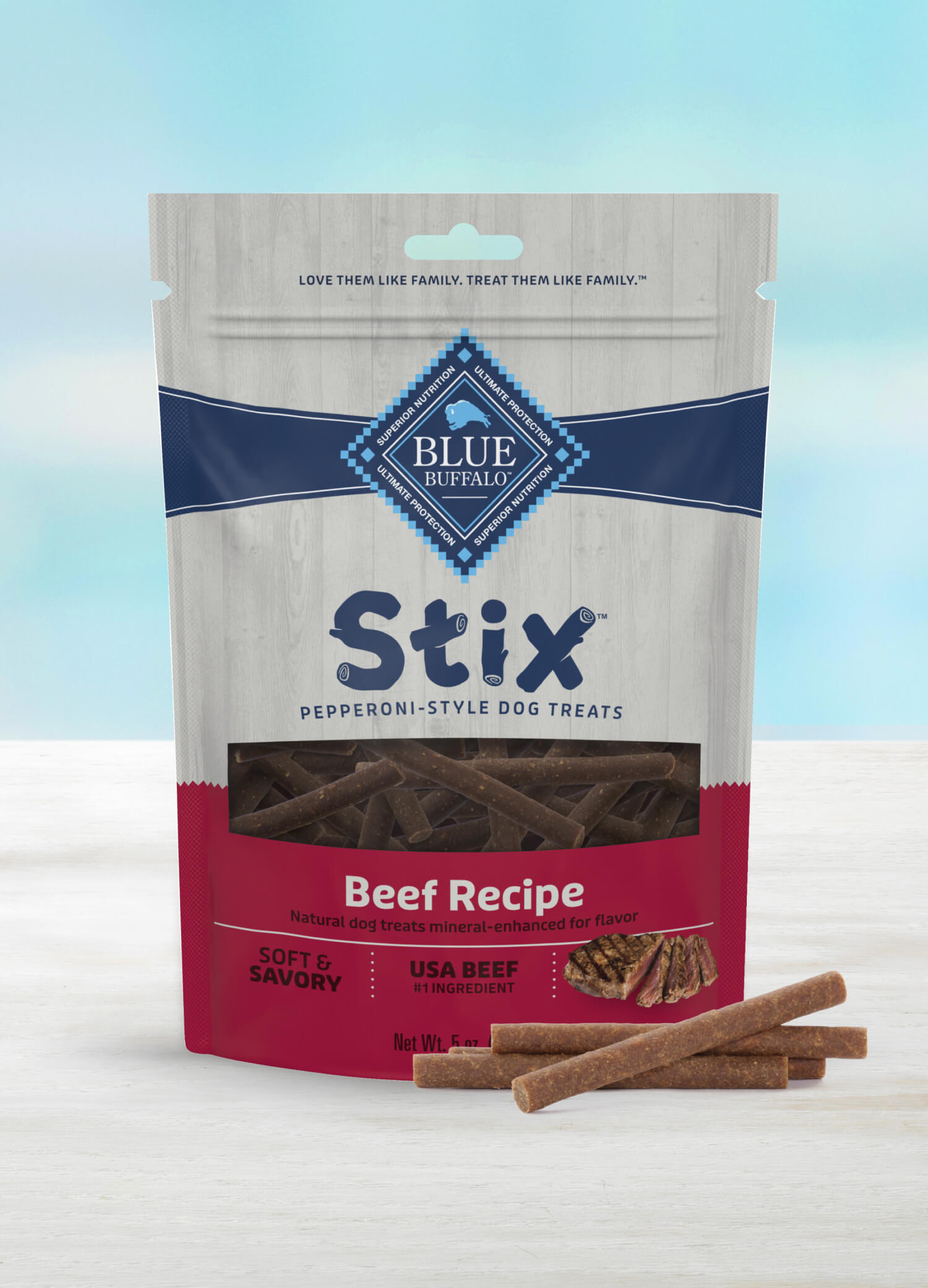 A bag of BLUE Stix Pepperoni-Style Dog Treats Beef Recipe dog food