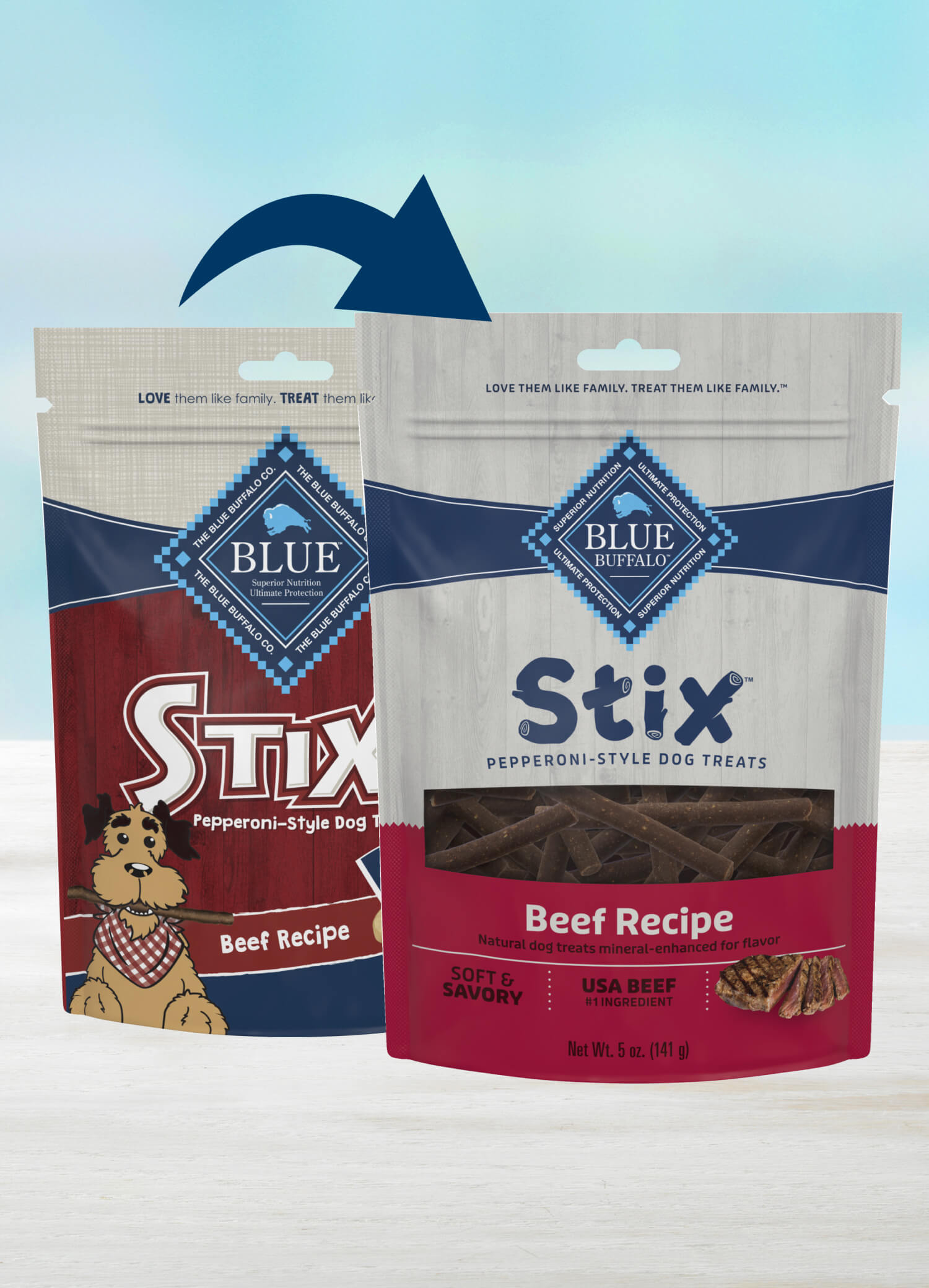 A bag of BLUE Stix Pepperoni-Style Dog Treats Beef Recipe dog food