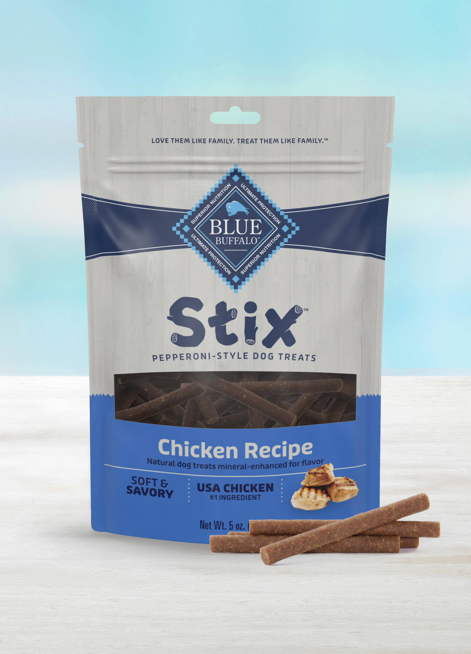 A bag of BLUE Stix Pepperoni-Style Dog Treats Chicken Recipe dog food