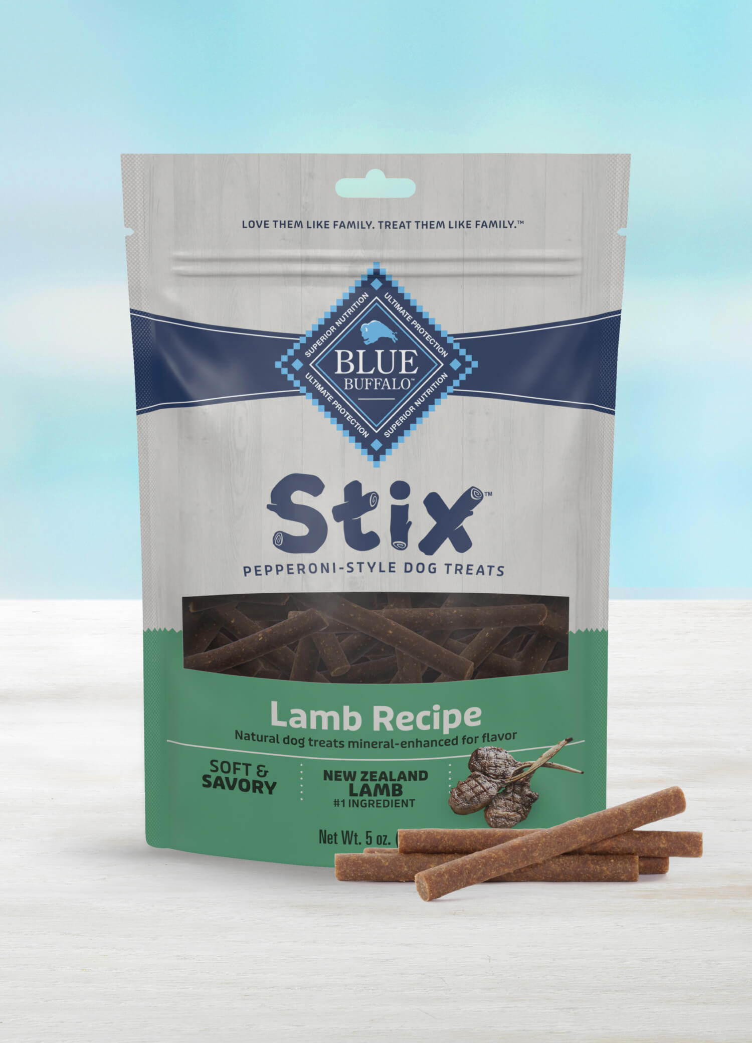 A bag of BLUE Stix Pepperoni-Style Dog Treats Lamb Recipe dog food