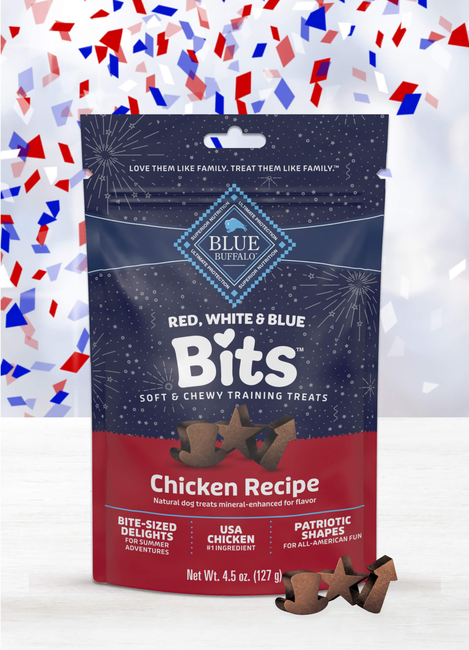 Dog treats package labeled "Bits: Chicken Recipe" with a festive red, white, and blue fireworks design.