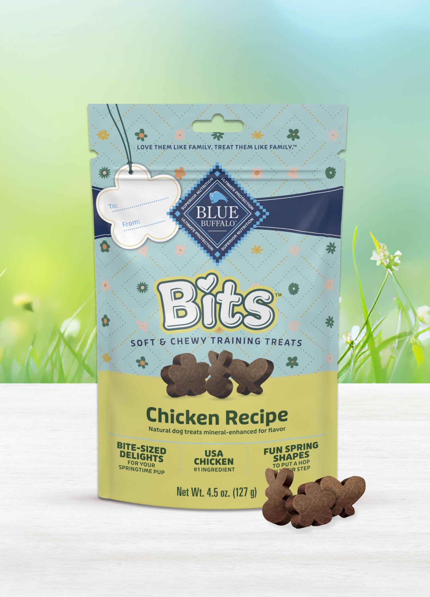 A pack of BLUE Bits chicken recipe dog treats is sitting on a counter in front of bright green grass.