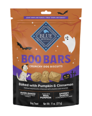 Bag of Boo Bars crunchy dog biscuits, pumpkin and cinnamon flavor, with a festive Halloween-themed design.