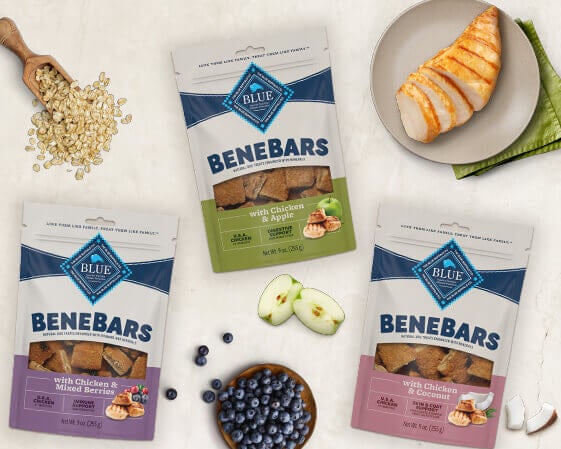 Three varieties of Benebars dog treats with chicken, oats, blueberries, apple, and coconut.