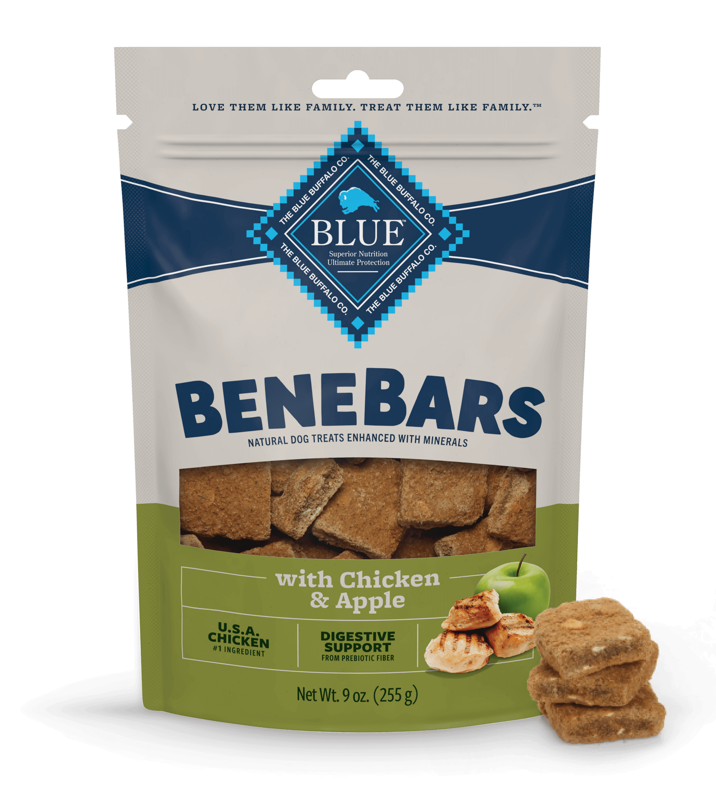 A bag of Benebars natural dog treats with chicken and apple, shown with several treats in front.