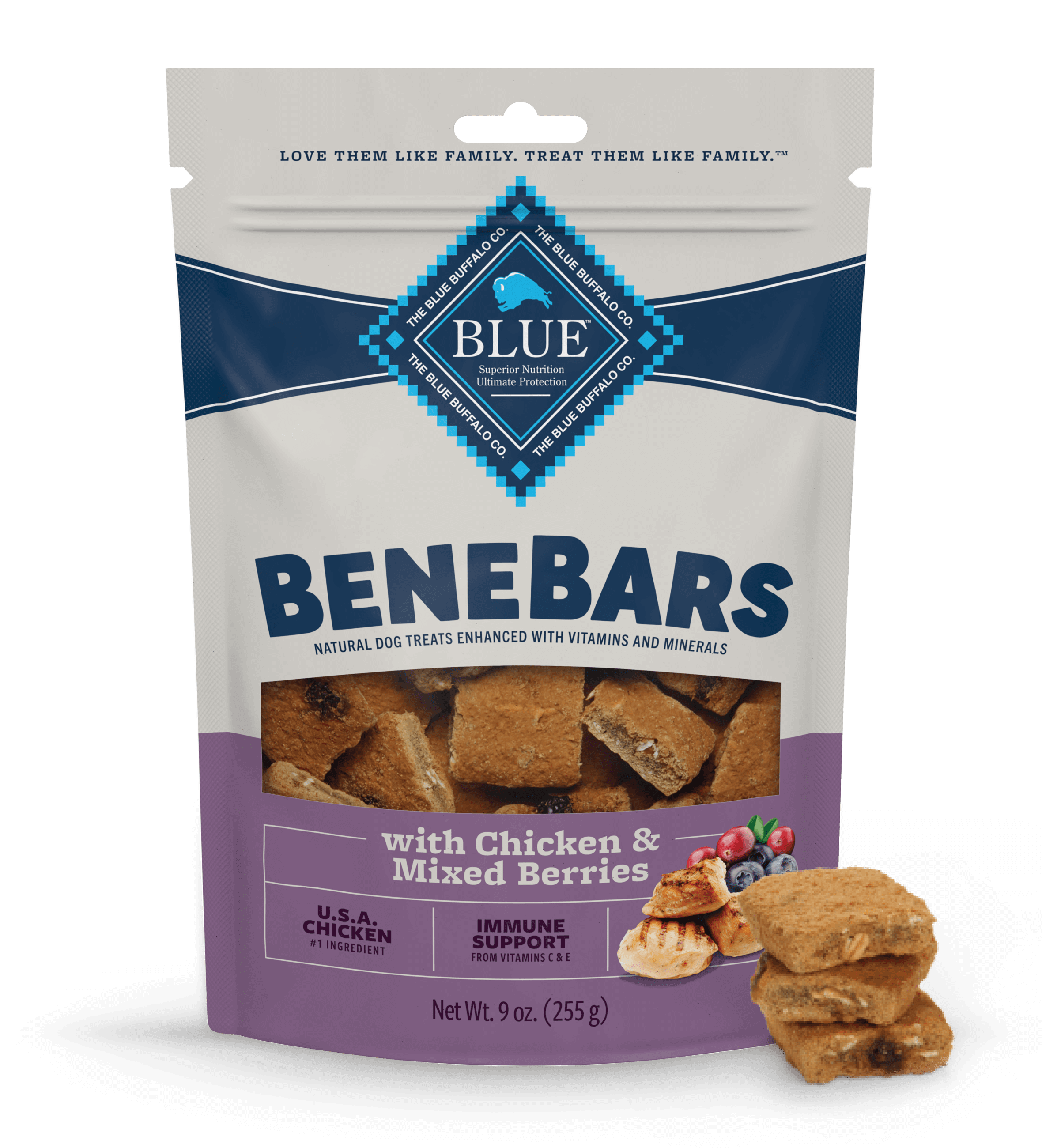 Bag of BeneBars dog treats with chicken and mixed berries, featuring treats and ingredients on the front.