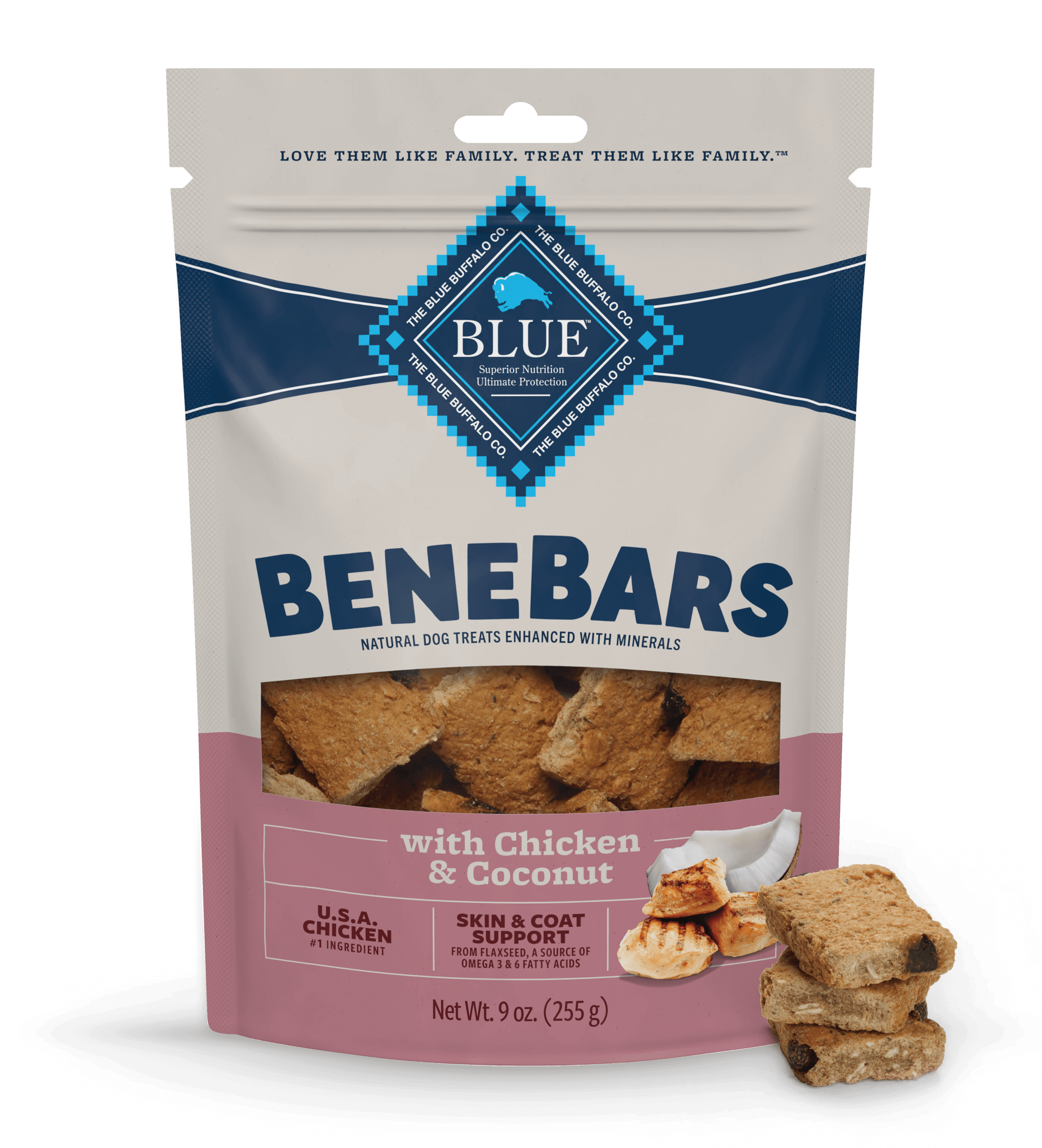 A bag of BLUE BeneBars dog treats with chicken and coconut, highlighting nutrition details on the packaging.